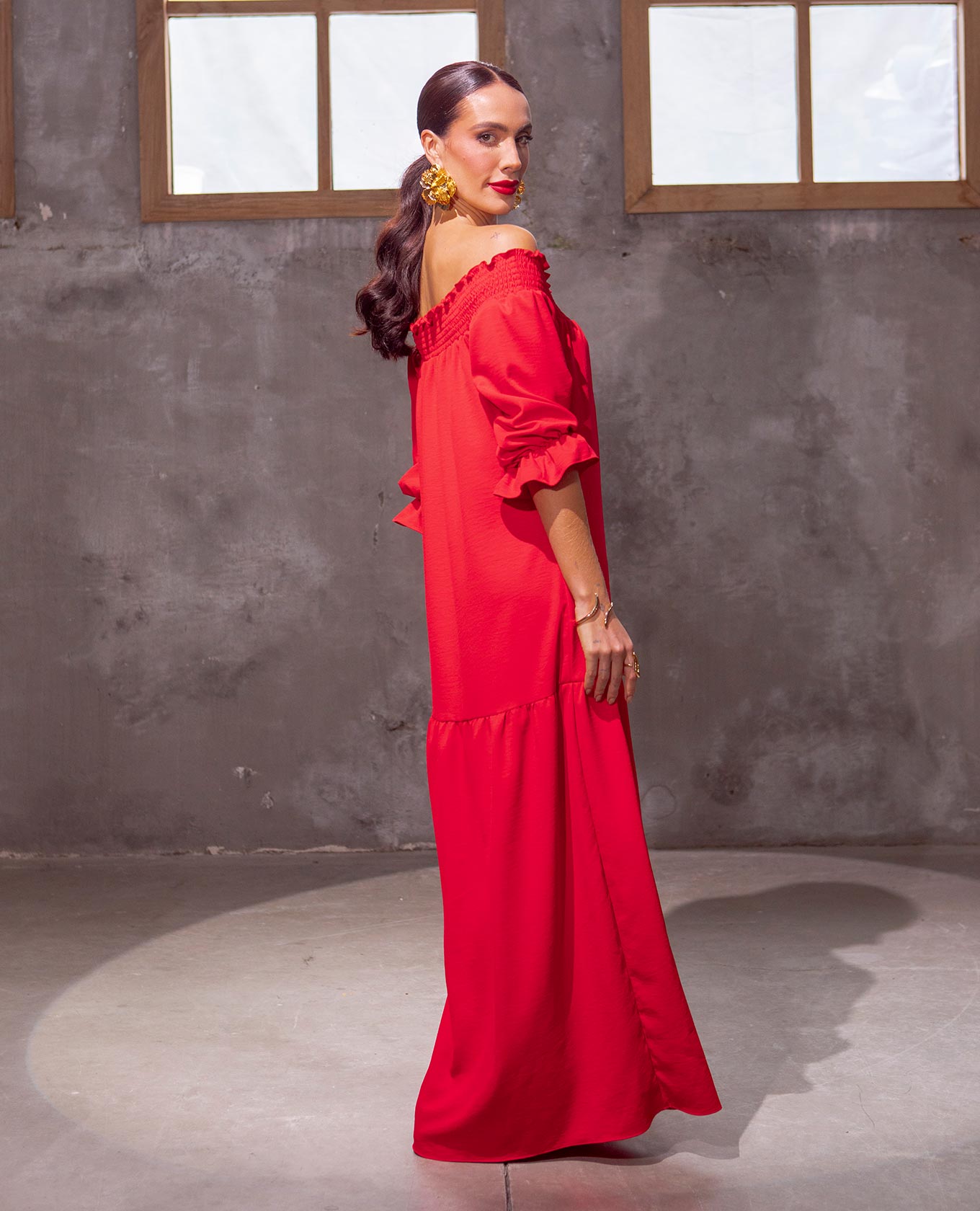VESTIDO ESCOTE BANDEJA PARA MUJER LARGO CON NIDO DE ABEJA Y BOLERO INFERIOR