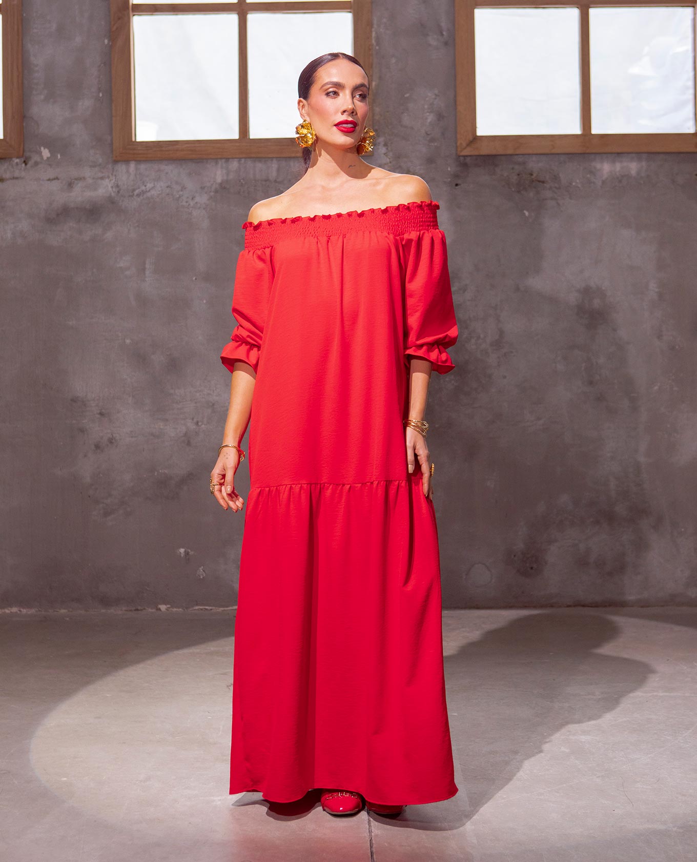 VESTIDO ESCOTE BANDEJA PARA MUJER LARGO CON NIDO DE ABEJA Y BOLERO INFERIOR