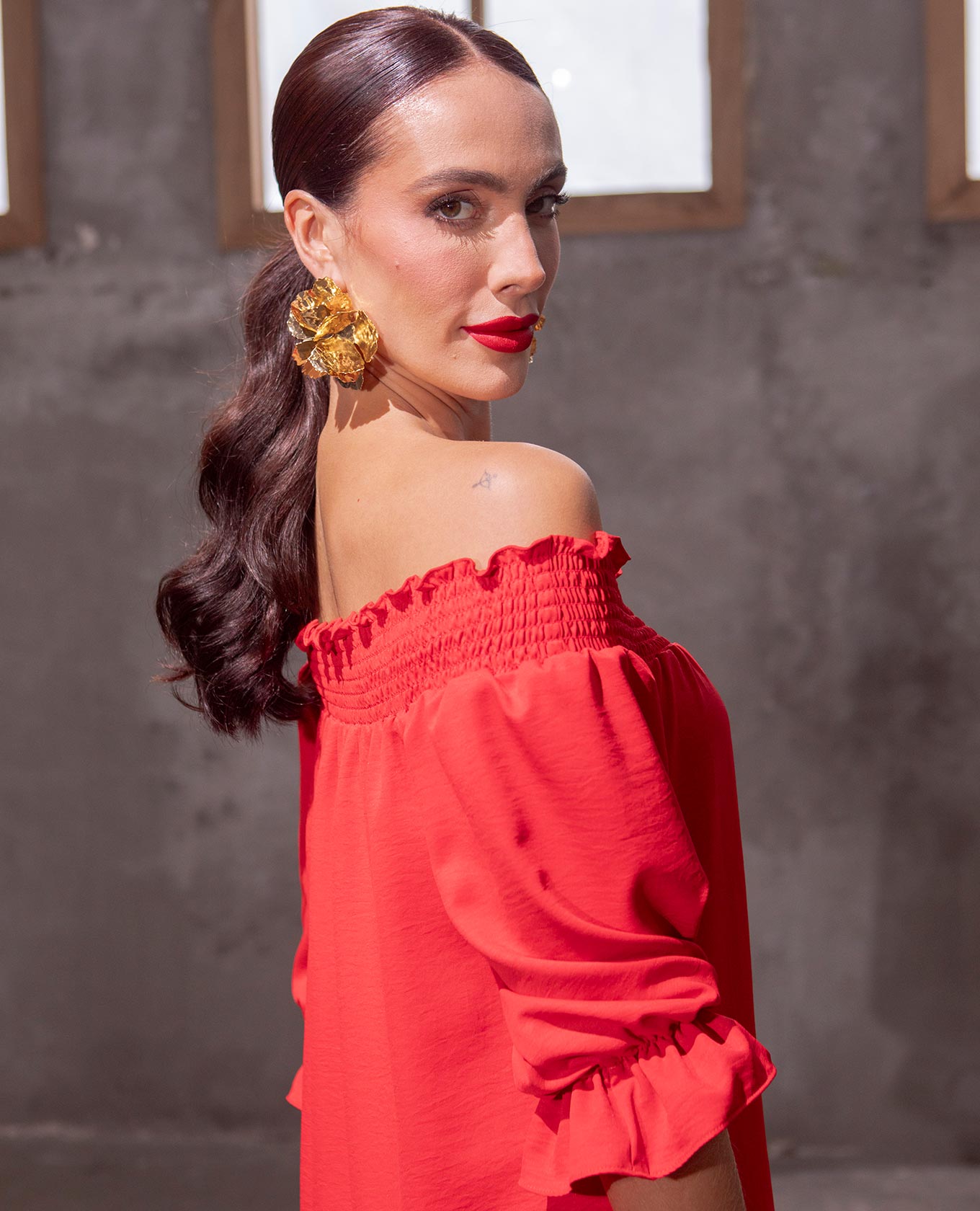 VESTIDO ESCOTE BANDEJA PARA MUJER LARGO CON NIDO DE ABEJA Y BOLERO INFERIOR