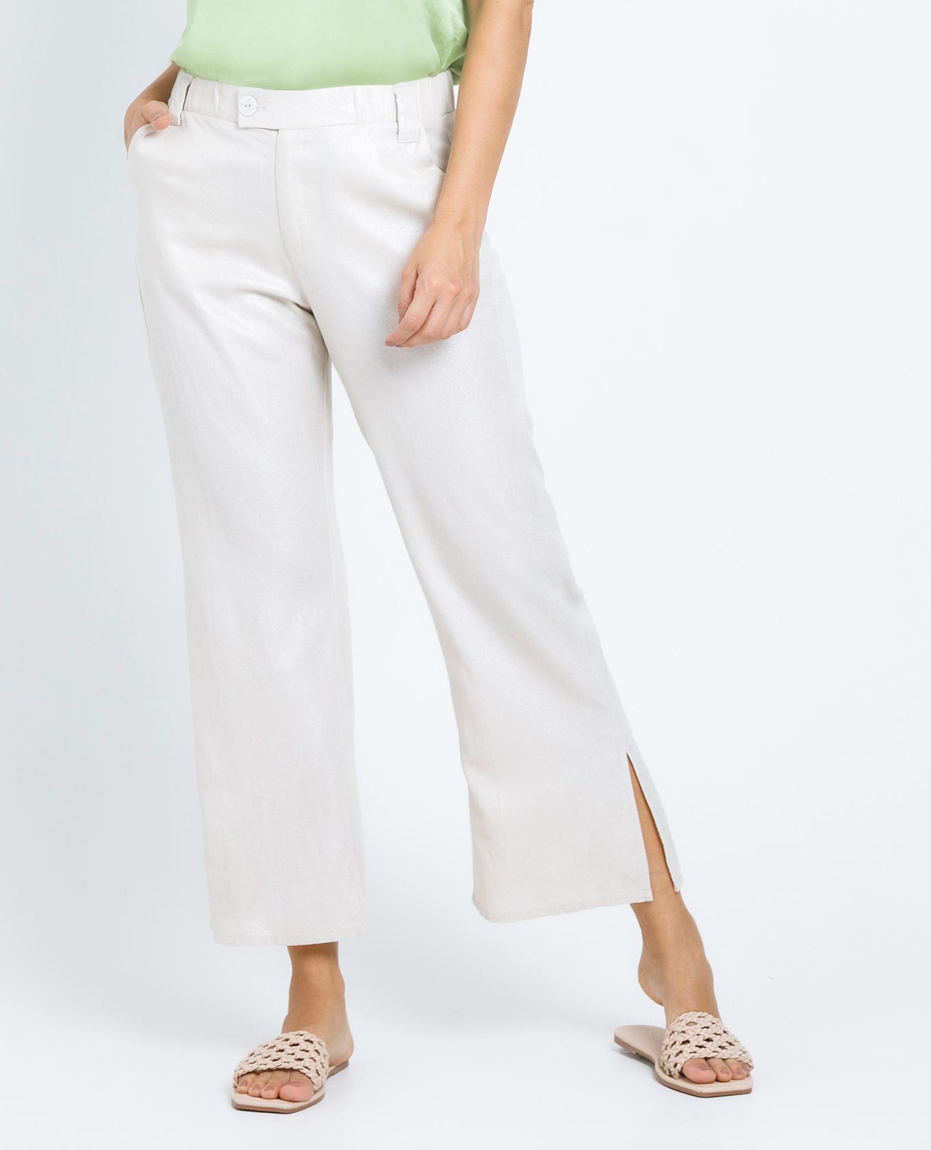 PANTALÓN FLARE PARA MUJER EN TELA CON EFECTO LINO RECUBIERTO CON ELÁSTICO Adrissa | Ropa para mujer Pantalones