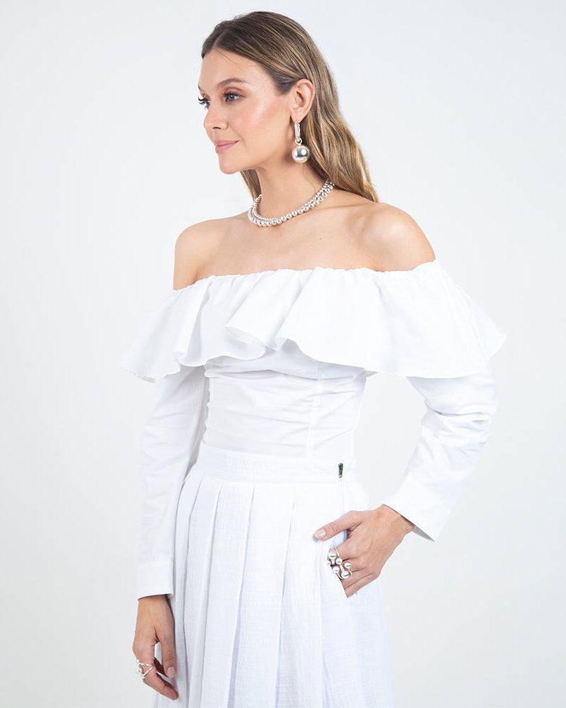 BLUSA BLANCA PARA MUJER ESCOTE BANDEJA Adrissa