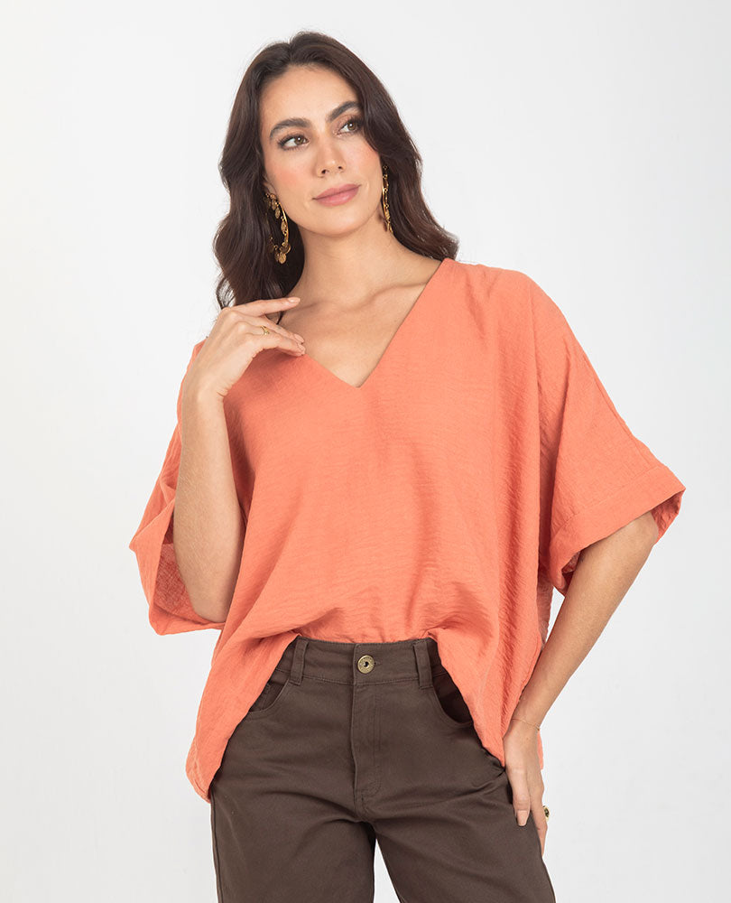 BLUSA ESCOTE V PARA MUJER EN TELA CON EFECTO LINO Adrissa