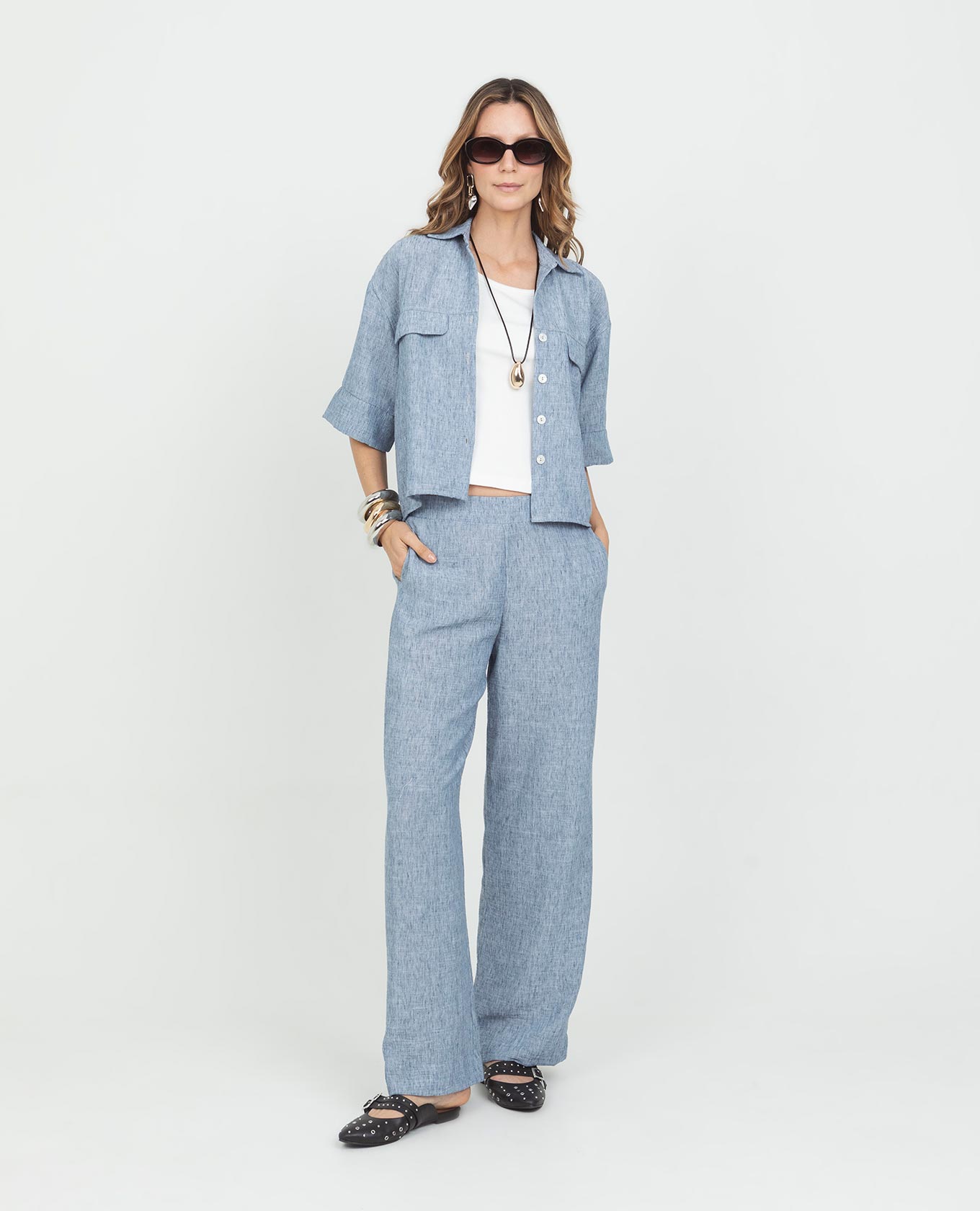 CAMISA MANGA AL CODO PARA MUJER CON TAPAS EN TELA CON EFECTO MELANGE Adrissa | Ropa para mujer