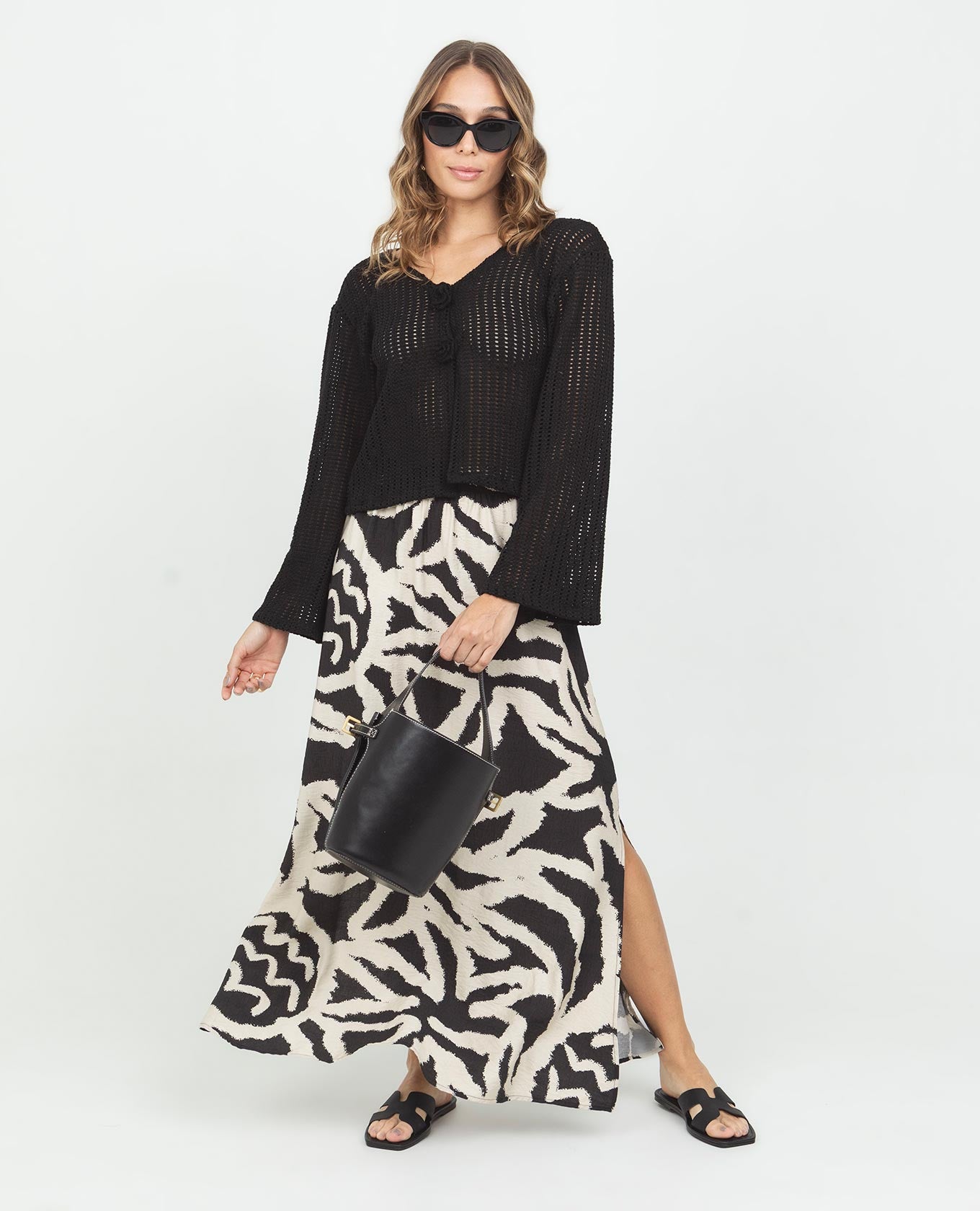 FALDA LARGA PARA MUJER ESTAMPADA CON ELASTICO CINTURA Y ABERTURAS COSTADOS Adrissa | Ropa para mujer Faldas