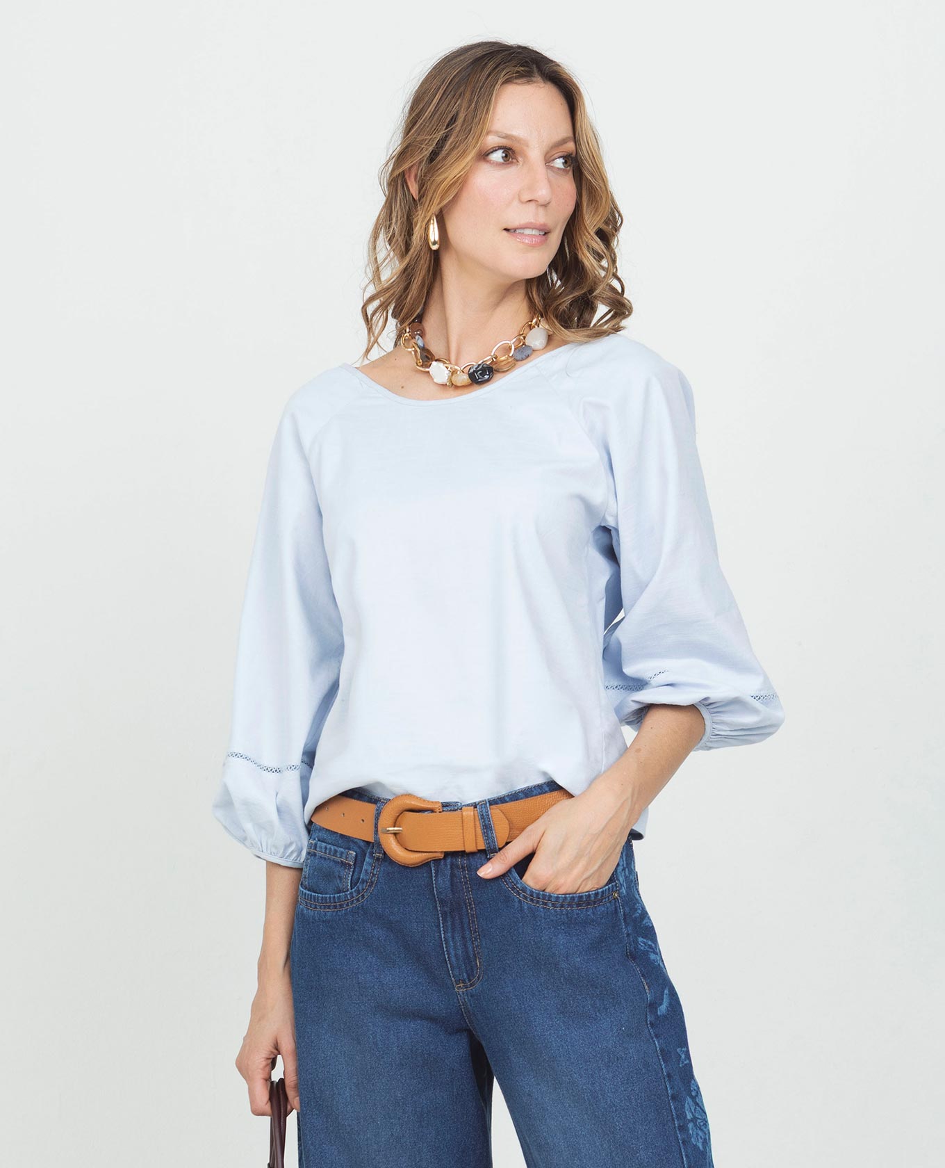 BLUSA MANGA 3/4 PARA MUJER MANGA RANGLAN CON PUNTADA ARTESANAL ESCOTE RECOGIDO Adrissa