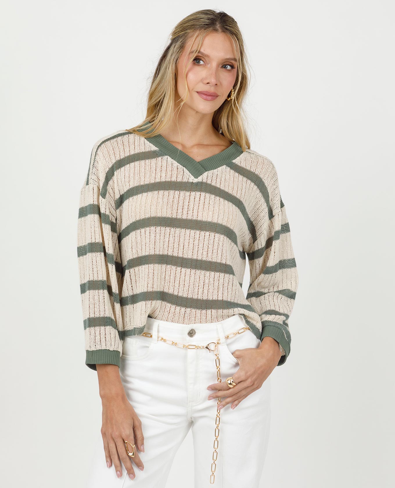 BUZO TEJIDO PARA MUJER ESCOTE V EN RAYAS Adrissa | Ropa para mujer