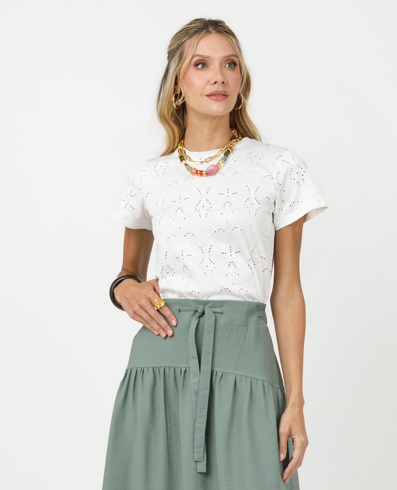 CAMISETA MANGA CORTA PARA MUJER EN TEJIDO DE PUNTO CON EFECTO OJALILLO Adrissa | Ropa para mujer Blusas