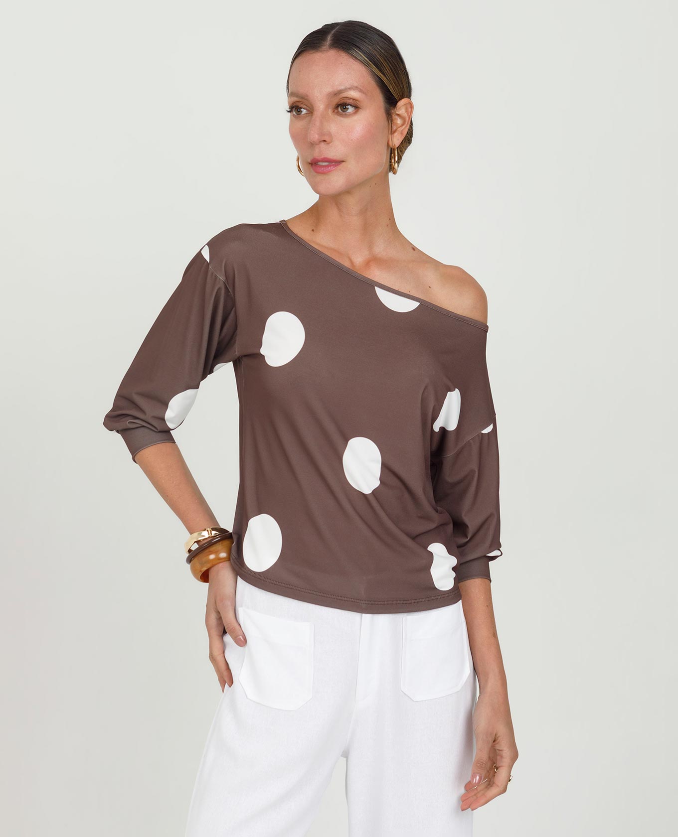 TOP MANGA 3/4 PARA MUJER HOMBRO DESCUBIERTO ESTAMPADO MAXI LUNARES Adrissa | Ropa para mujer Blusas