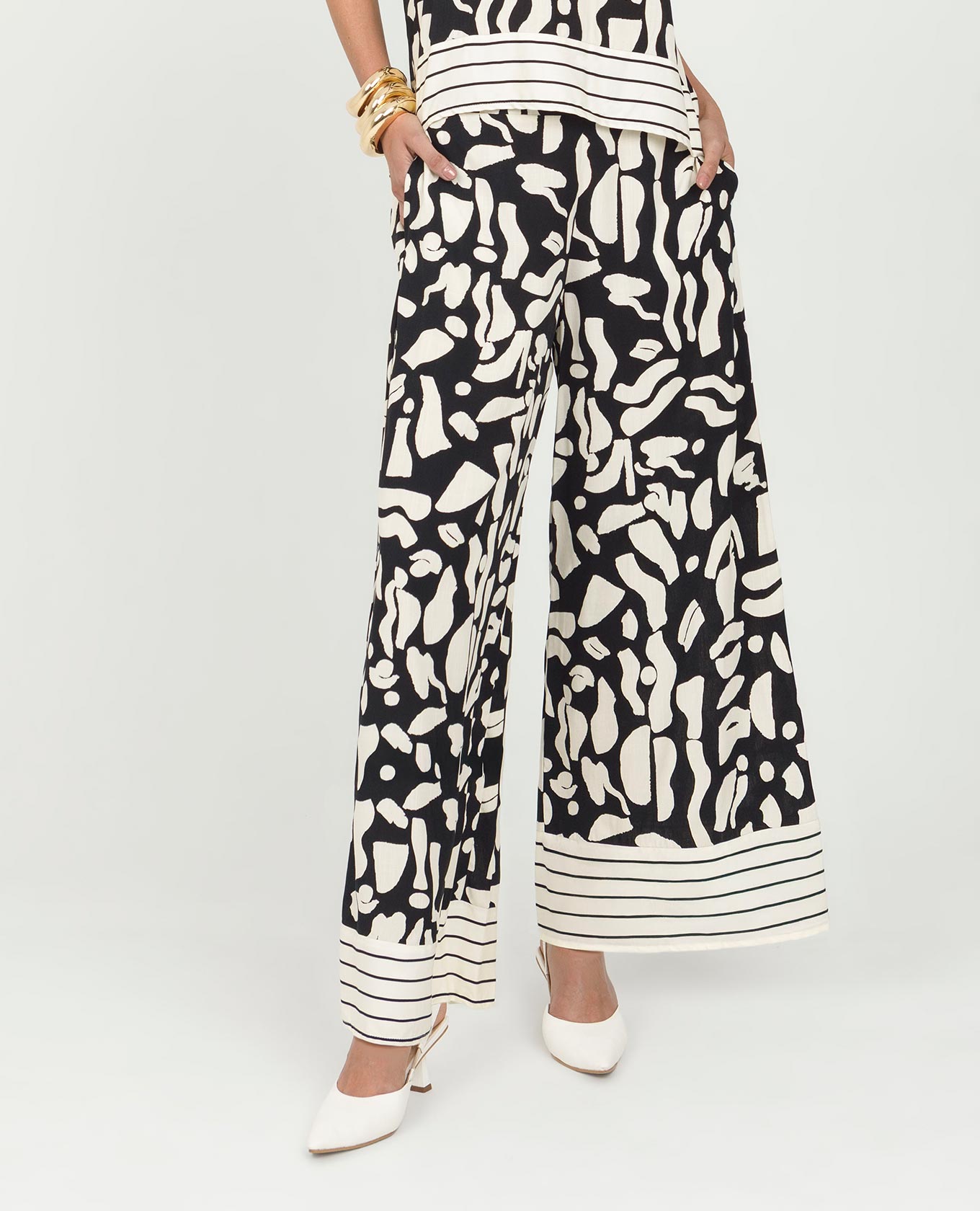 PANTALÓN WIDE LEG PARA MUJER ESTAMPADO BICOLOR EN MEZCLA DE TELAS CON ELÁSTICO Adrissa | Ropa para mujer Pantalones