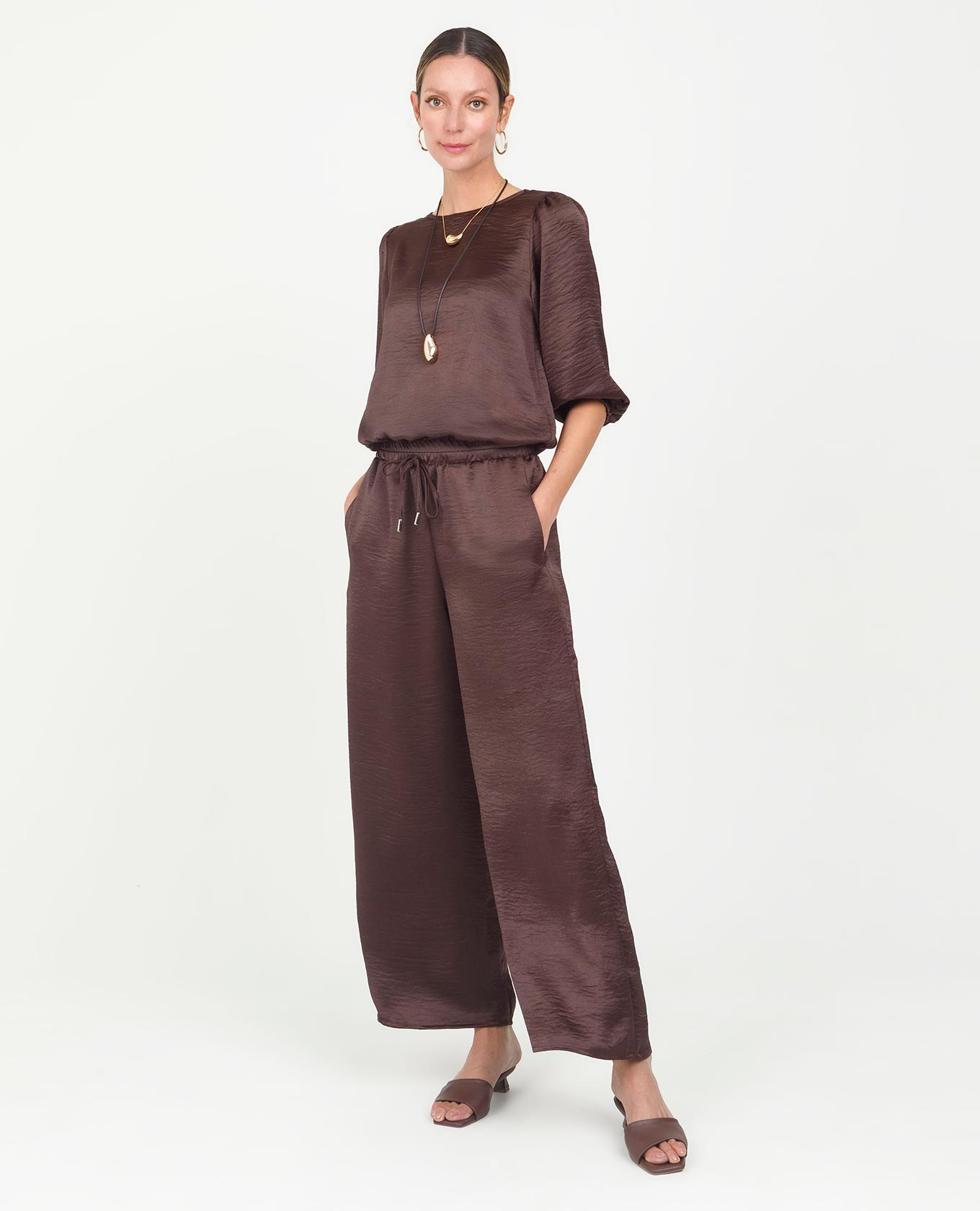 PANTALÓN SATINADO PARA MUJER TIRAS AJUSTABLES EN CINTURA CON PUNTERAS Adrissa | Ropa para mujer Pantalones