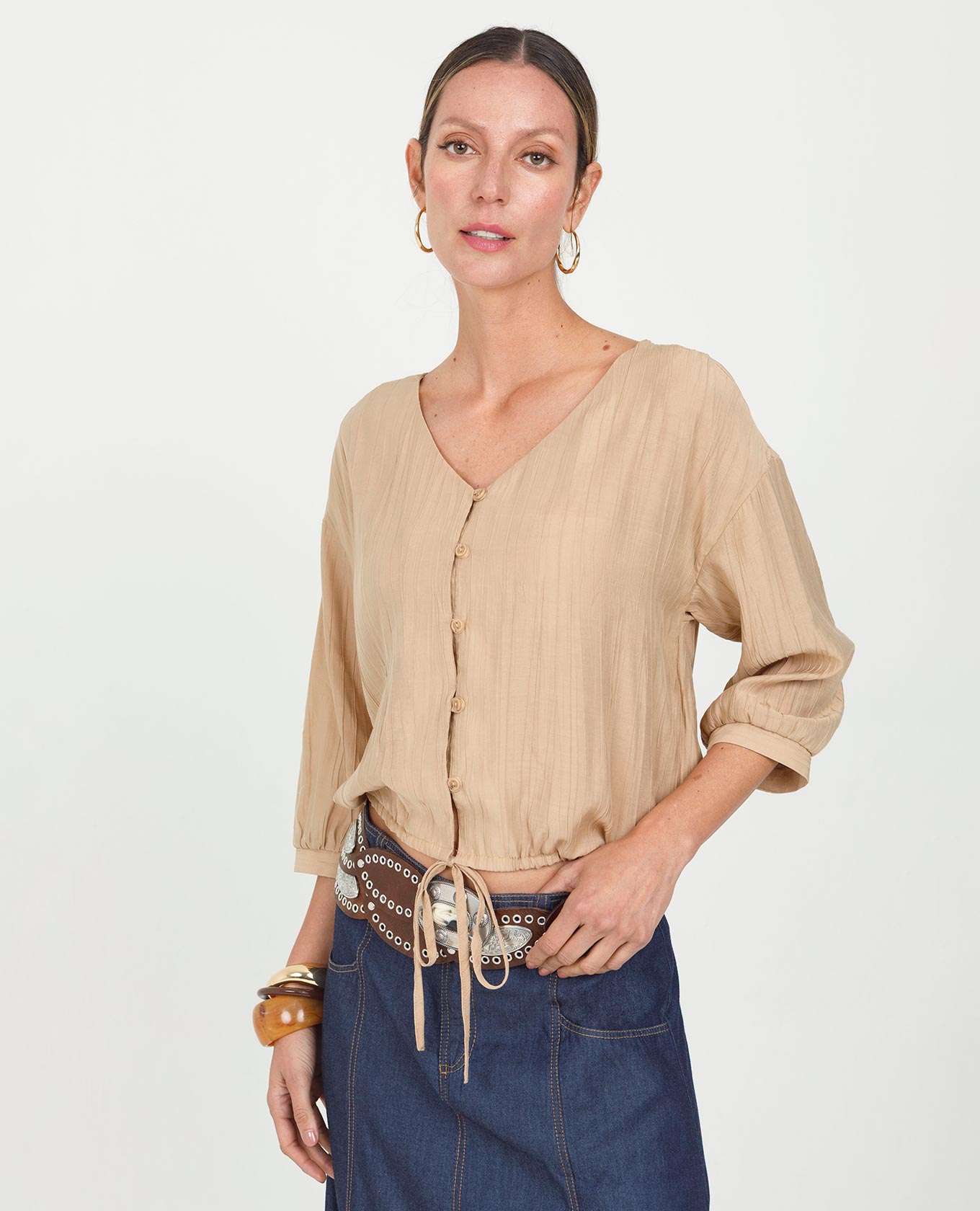 BLUSA MANGA 3/4 PARA MUJER ESCOTE V CON TIRA AJUSTABLE EN CINTURA Adrissa | Ropa para mujer Blusas