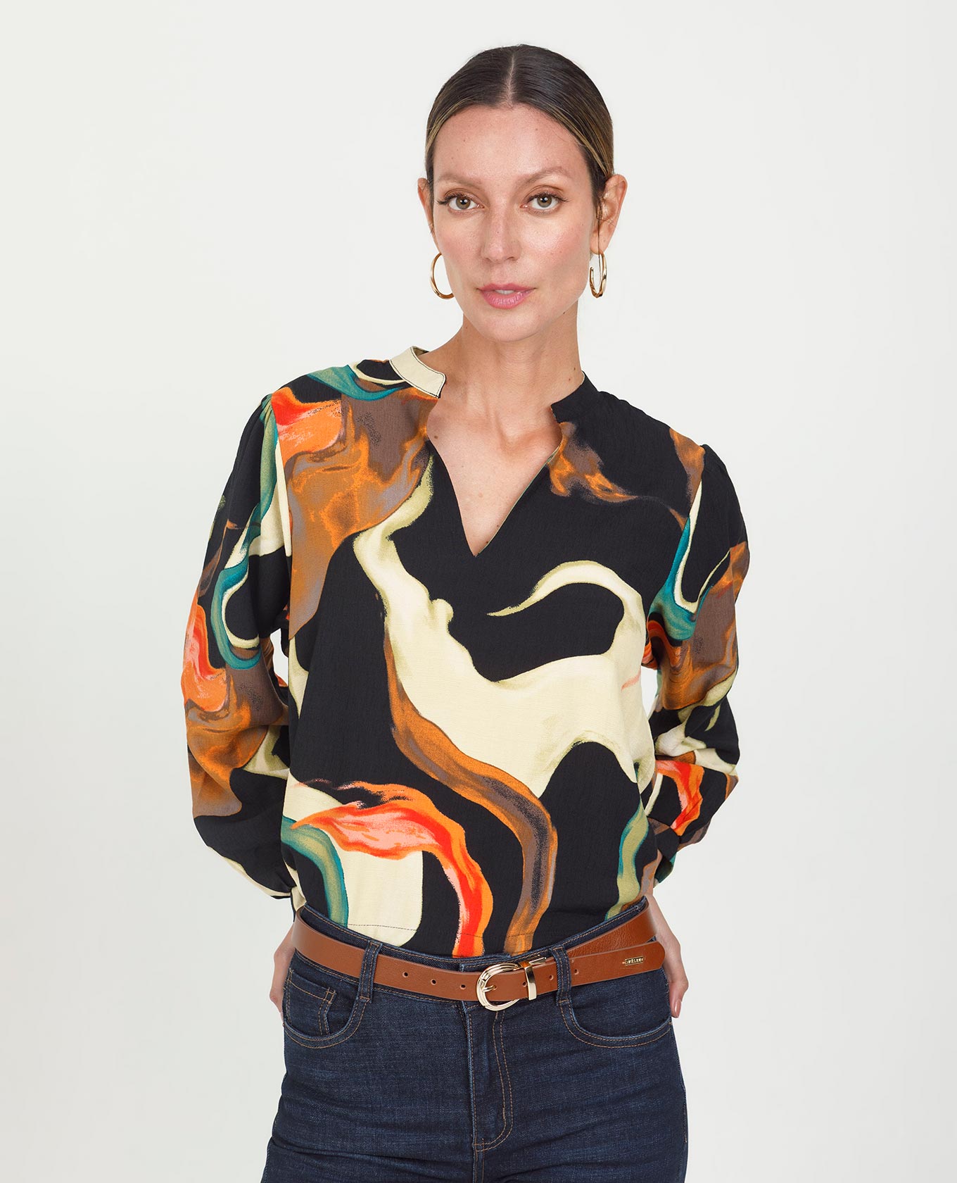 BLUSA ESTAMPADA PARA MUJER CUELLO NERU MANGA LARGA Adrissa | Ropa para mujer Blusas