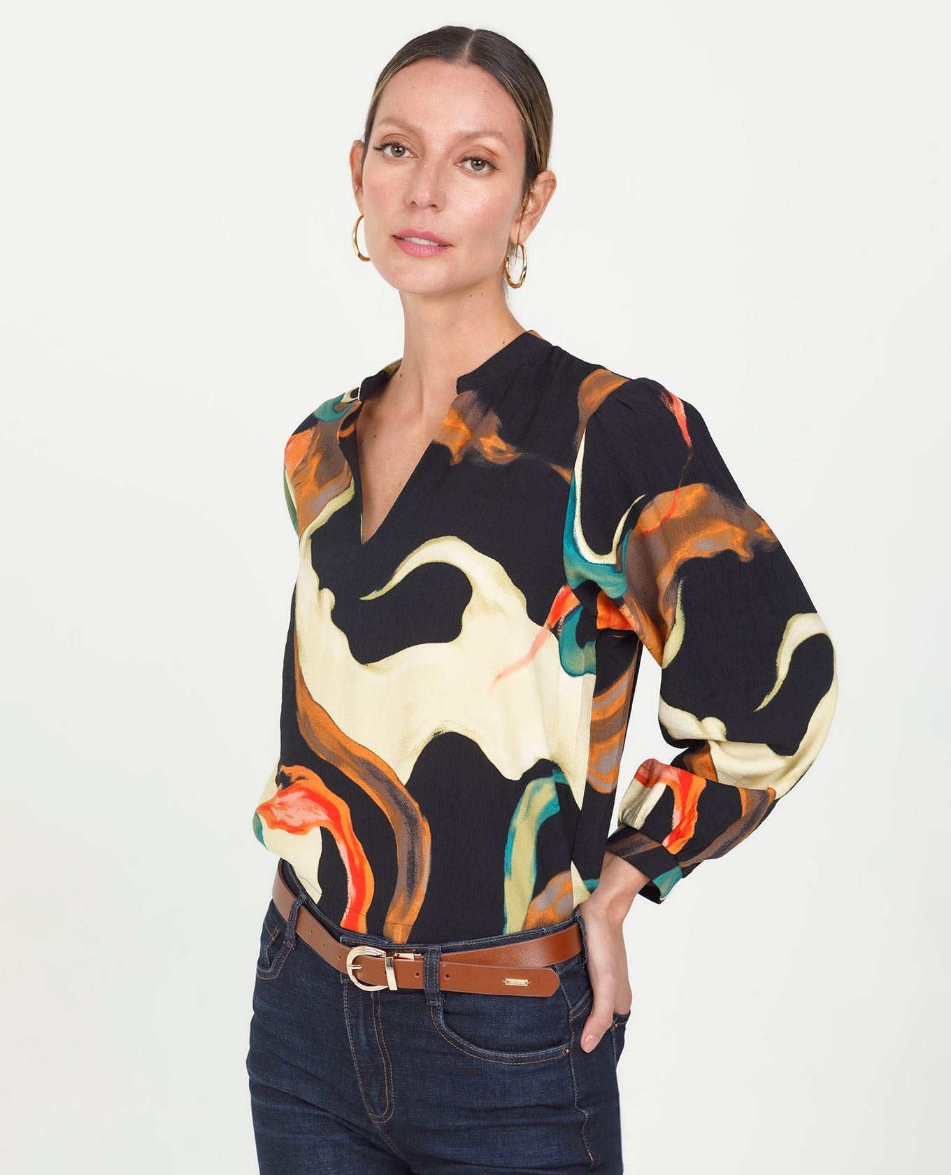 BLUSA ESTAMPADA PARA MUJER CUELLO NERU MANGA LARGA Adrissa | Ropa para mujer Blusas