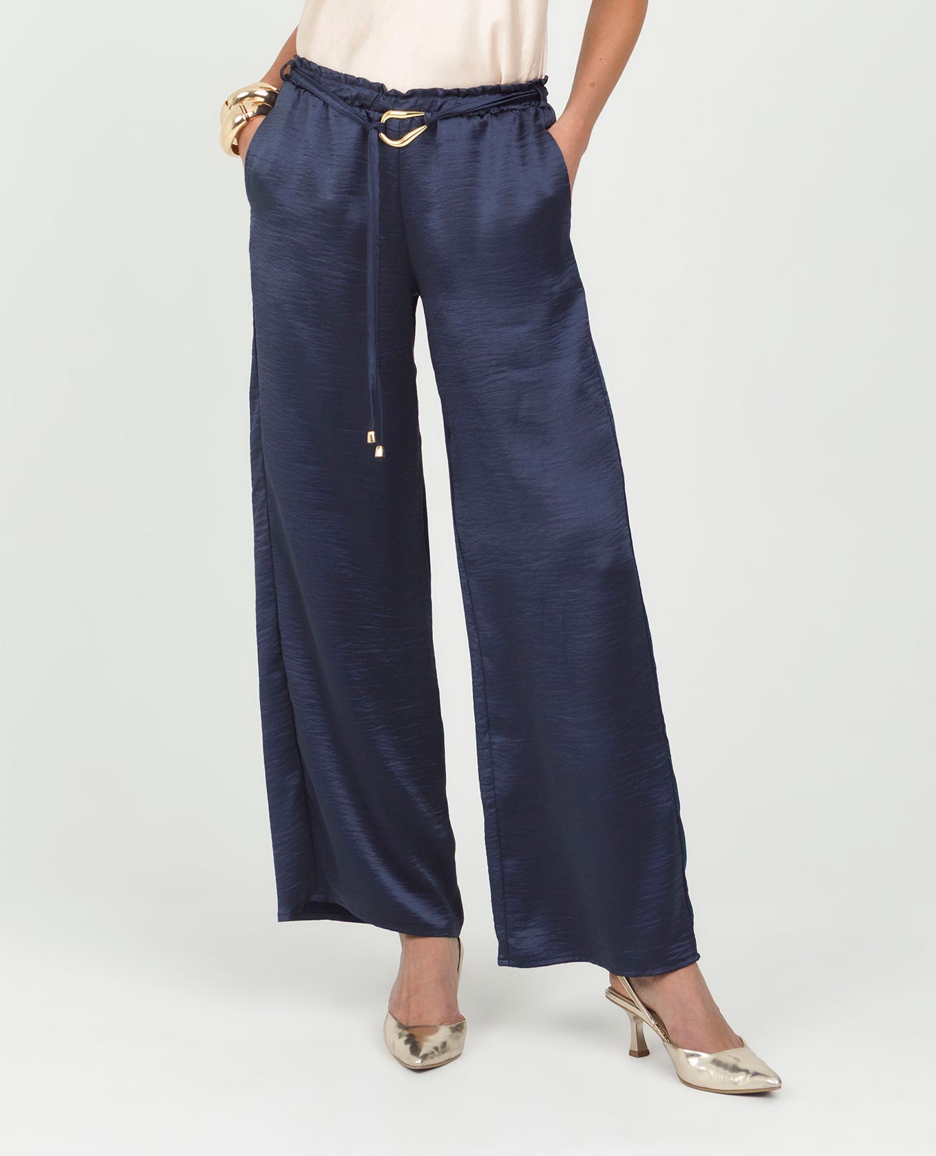 PANTALÓN SATINADO PARA MUJER CINTURÓN CON HEBILLA PRETINA CON ELÁSTICO Adrissa | Ropa para mujer Pantalones