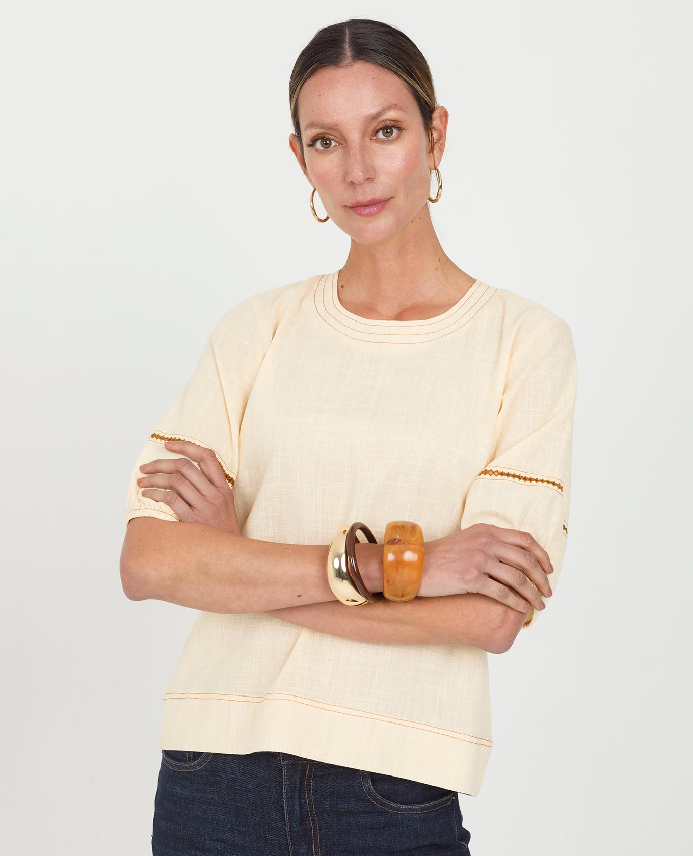 BLUSA MANGA CORTA PARA MUJER EN ALGODÓN CON PESPUNTES EN CONTRASTE Adrissa | Ropa para mujer