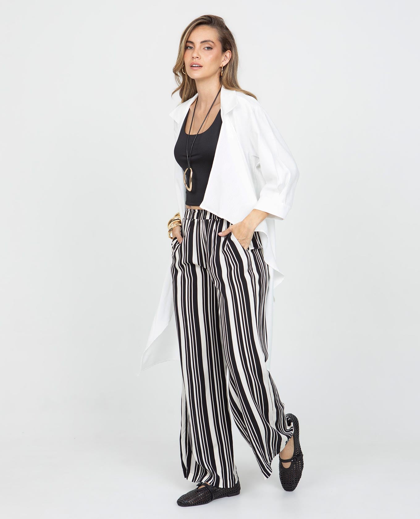 PANTALÓN RECTO PARA MUJER CINTURA CON ELÁSTICO EN ESTAMPADO RAYAS