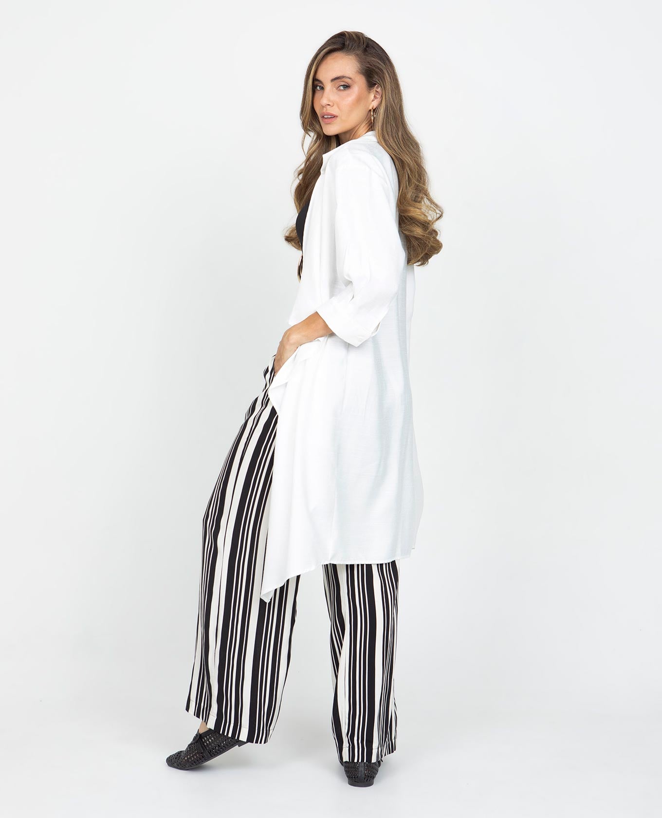 PANTALÓN RECTO PARA MUJER CINTURA CON ELÁSTICO EN ESTAMPADO RAYAS Adrissa | Ropa para mujer Pantalones