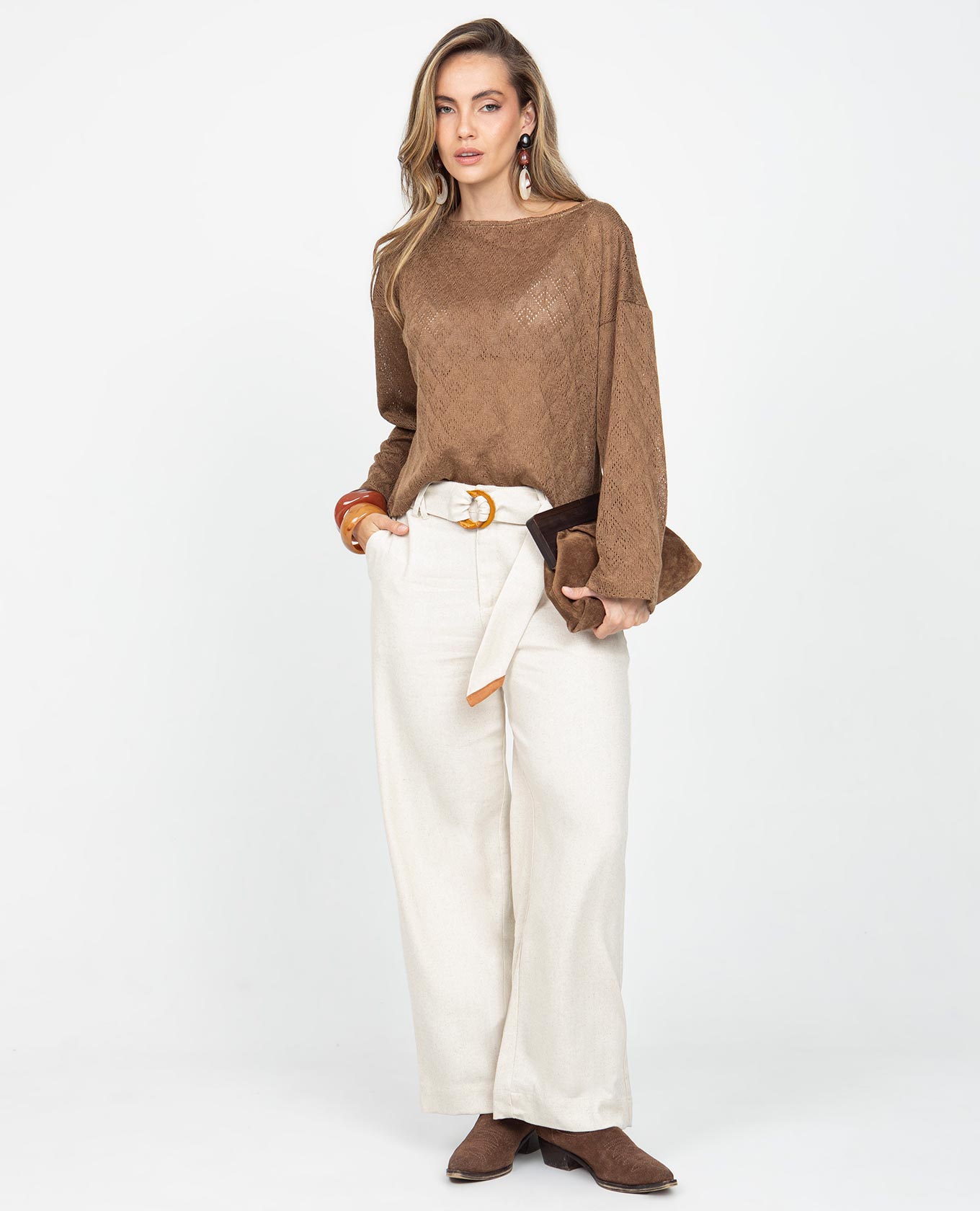 PANTALÓN WIDE LEG PARA MUJER CON CINTURON Y HEBILLA EN TELA CON EFECTO SEMILLA Adrissa | Ropa para mujer Pantalones