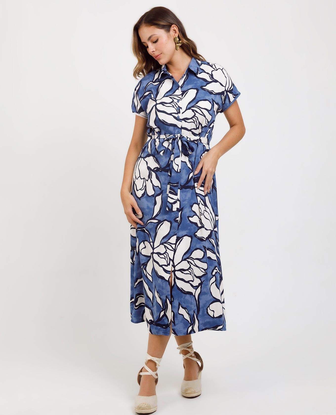 VESTIDO MIDI PARA MUJER ESTAMPADO MANGA RODADA CON CINTURÓN Adrissa | Ropa para mujer Vestidos