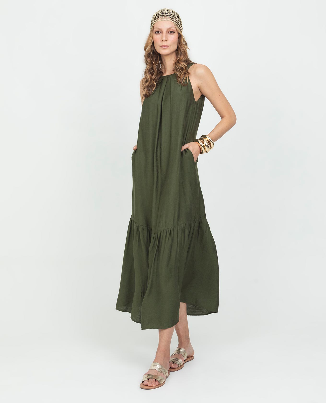 VESTIDO LARGO PARA MUJER ESCOTE HALTER CON PRENSES Y CINTURÓN Adrissa | Ropa para mujer Vestidos