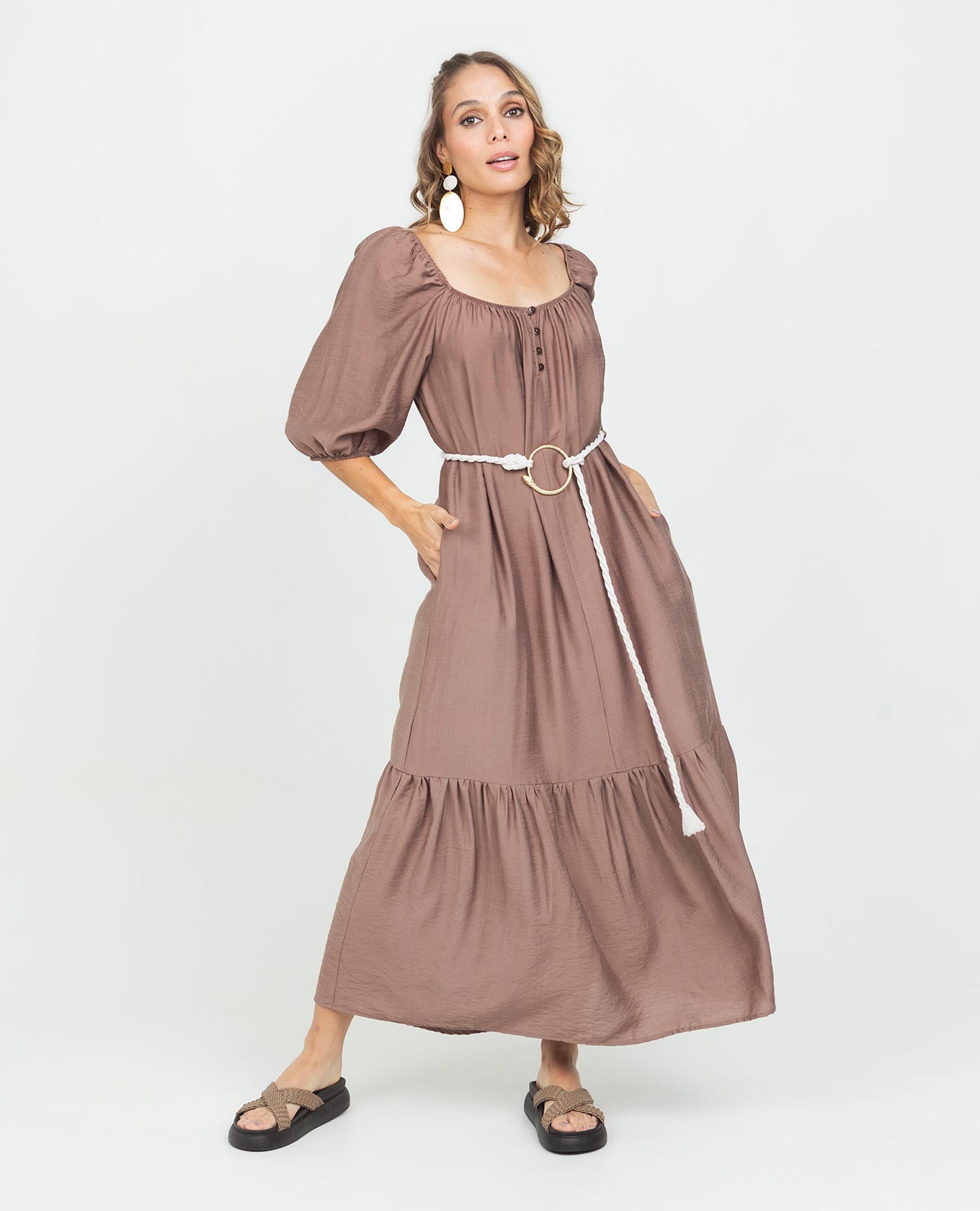 VESTIDO LARGO PARA MUJER ESCOTE CUADRADO MANGA AL CODO CON BOLSILLOS Y CINTURÓN Adrissa