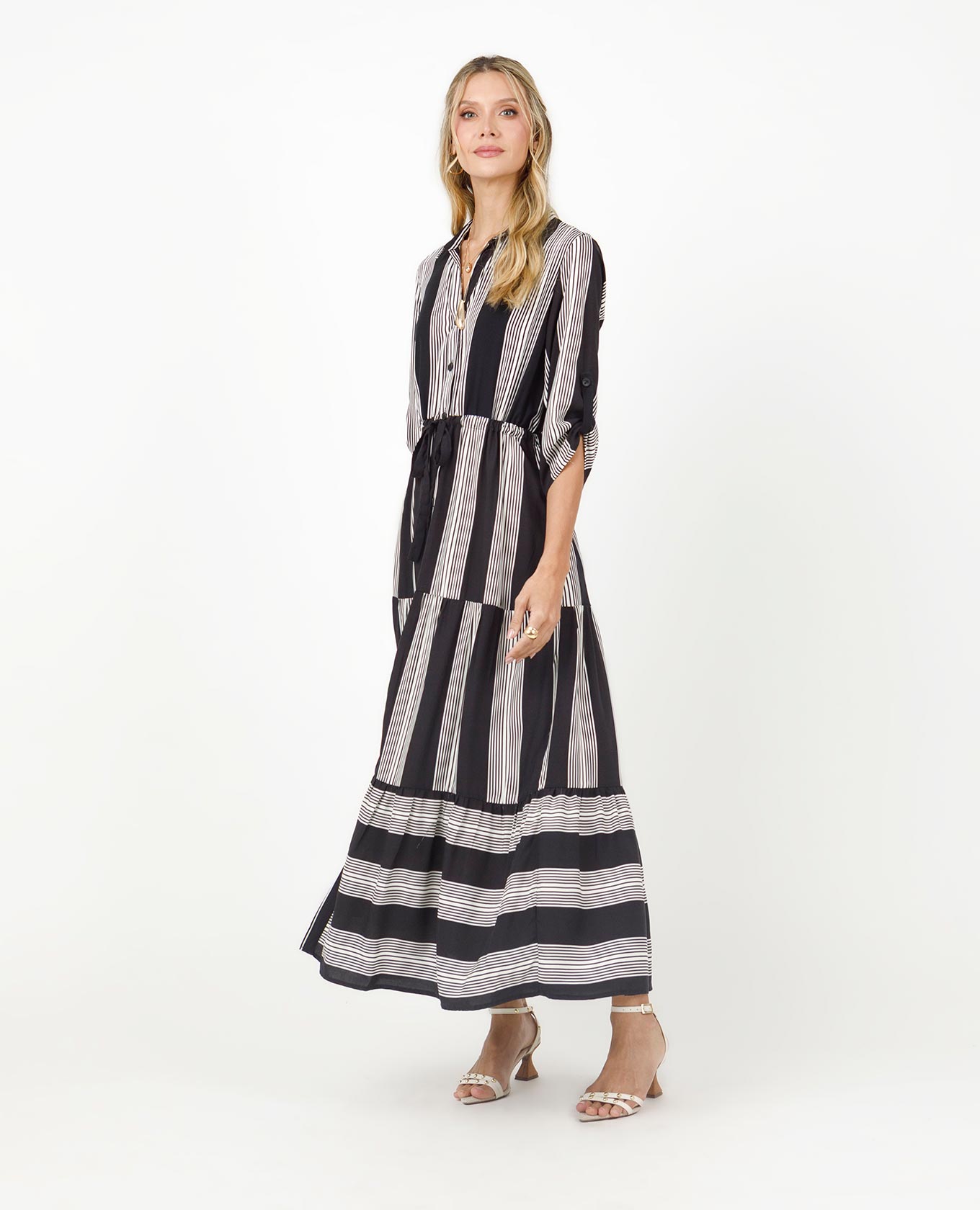 VESTIDO CAMISERO PARA MUJER EN JUEGO DE RAYAS CON CANAL EN CINTURA MANGA 3/4 Adrissa | Ropa para mujer Vestidos