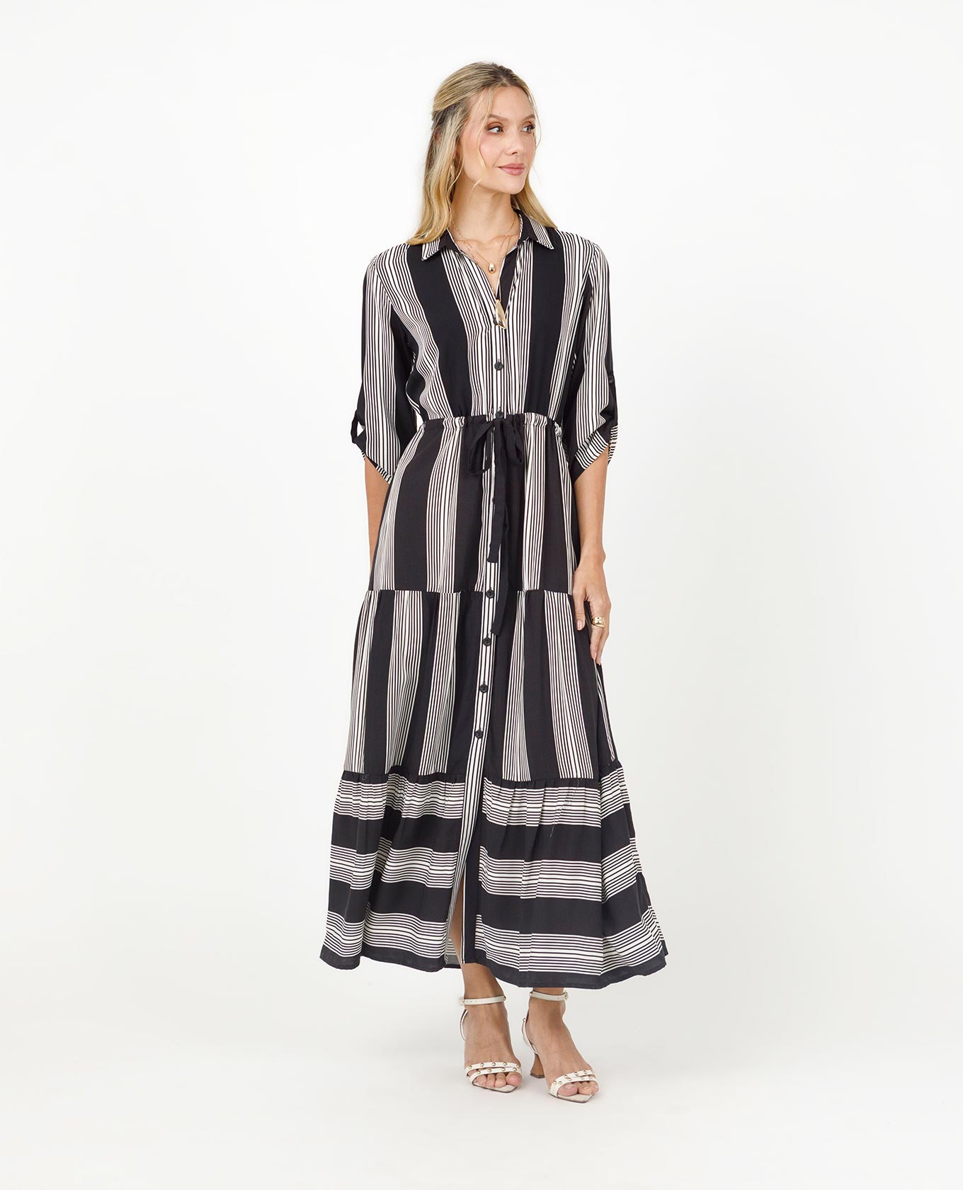 VESTIDO CAMISERO PARA MUJER EN JUEGO DE RAYAS CON CANAL EN CINTURA MANGA 3/4 Adrissa | Ropa para mujer Vestidos