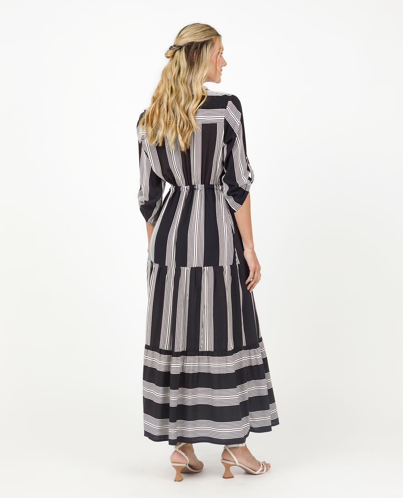 VESTIDO CAMISERO PARA MUJER EN JUEGO DE RAYAS CON CANAL EN CINTURA MANGA 3/4 Adrissa | Ropa para mujer Vestidos