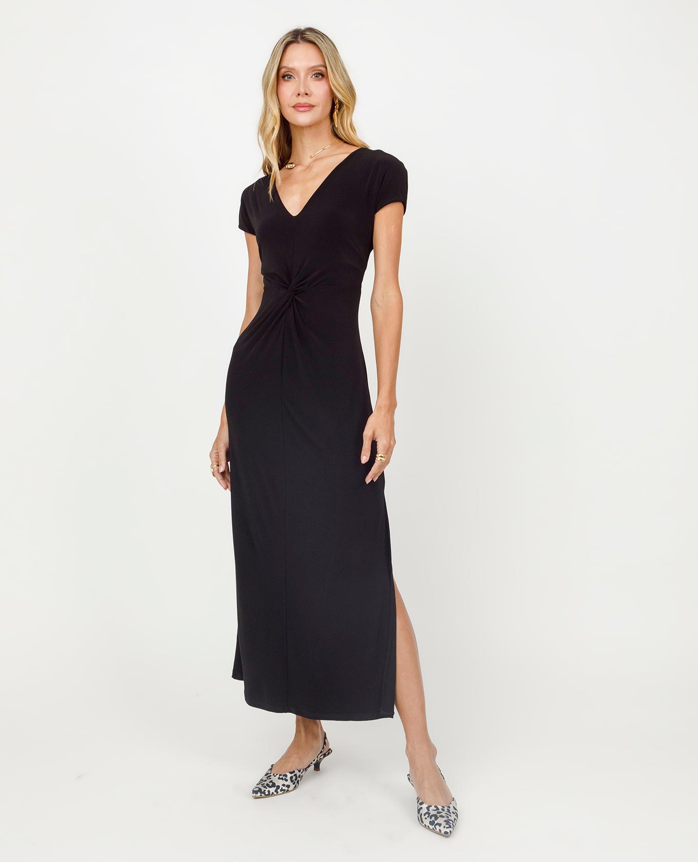 VESTIDO ENTORCHADO PARA MUJER NEGRO MANGA CORTA LARGO Adrissa