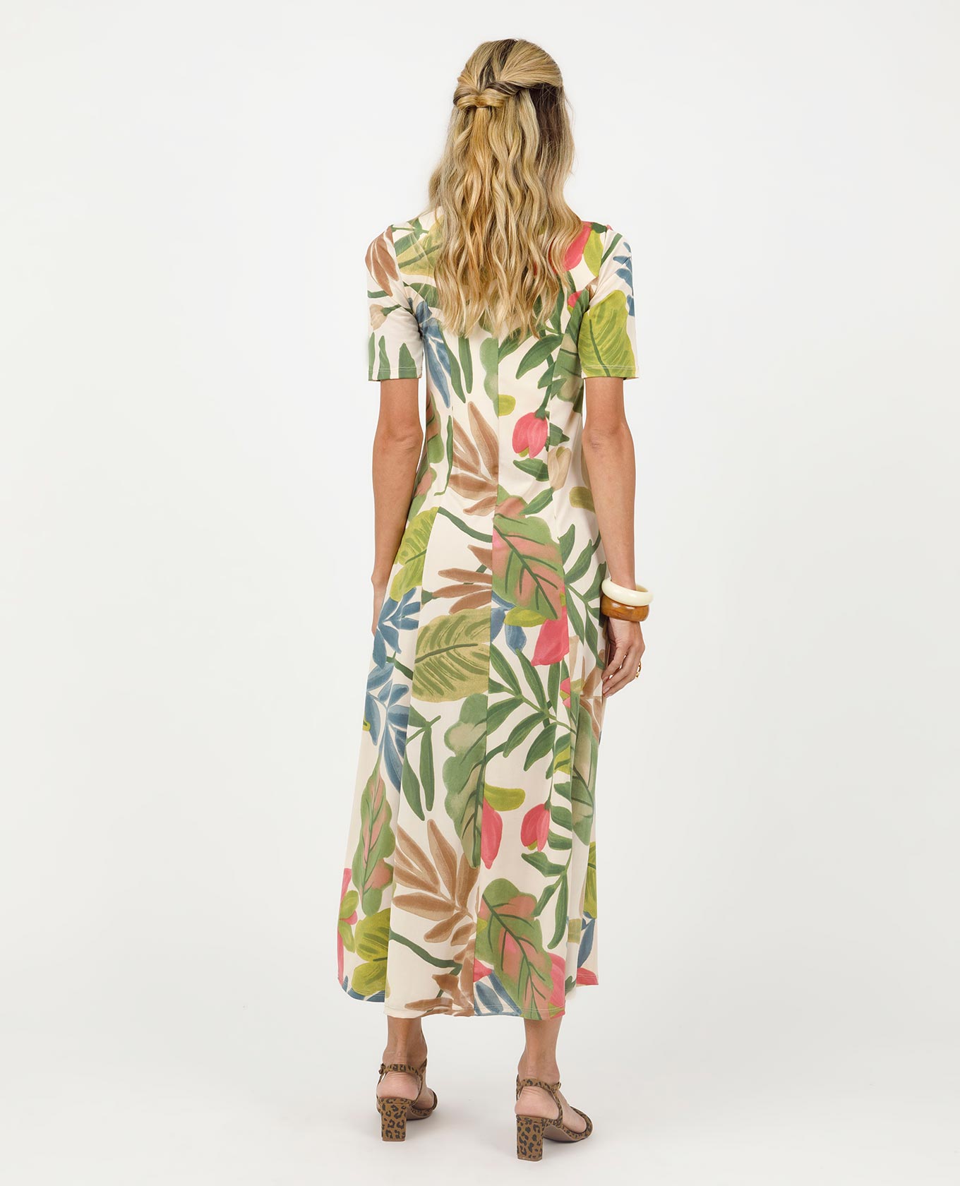 VESTIDO LARGO PARA MUJER TEJIDO DE PUNTO ESTAMPADO EN NESGAS MANGA CORTA Adrissa | Ropa para mujer Vestidos