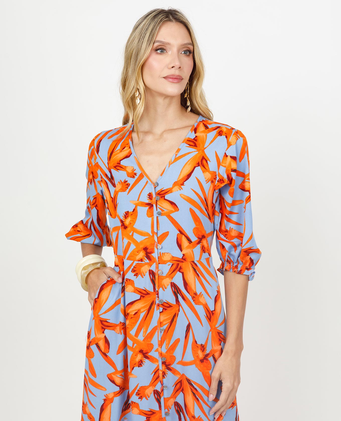 VESTIDO LARGO PARA MUJER ESTAMPADO CON ESCOTE V Y MANGA 3/4 Adrissa | Ropa para mujer Vestidos