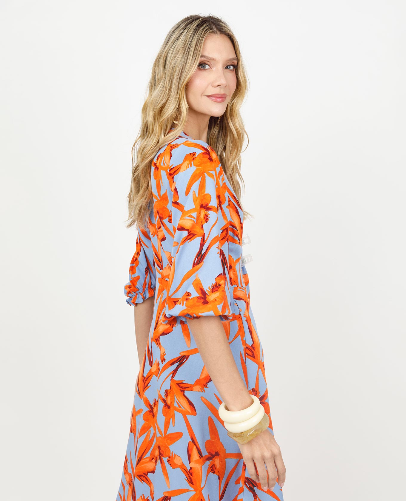 VESTIDO LARGO PARA MUJER ESTAMPADO CON ESCOTE V Y MANGA 3/4 Adrissa | Ropa para mujer Vestidos