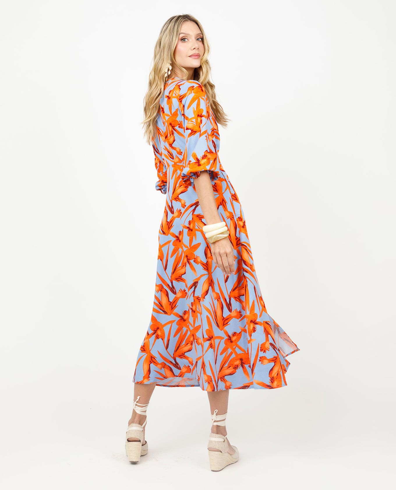 VESTIDO LARGO PARA MUJER ESTAMPADO CON ESCOTE V Y MANGA 3/4 Adrissa | Ropa para mujer Vestidos