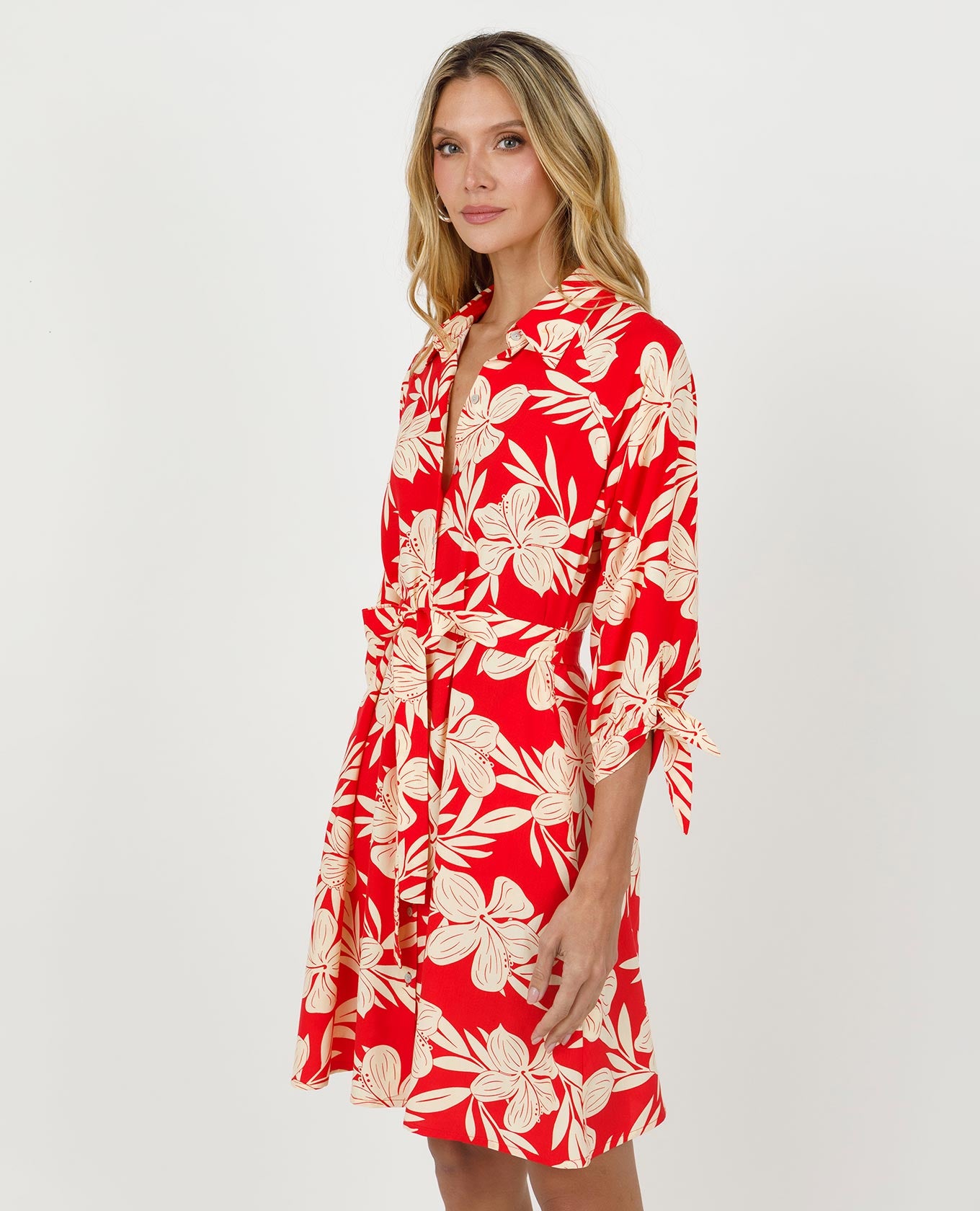 VESTIDO CAMISERO PARA MUJER ESTAMPADO CON DETALLE DE ANUDADO EN MANGAS Adrissa | Ropa para mujer Vestidos