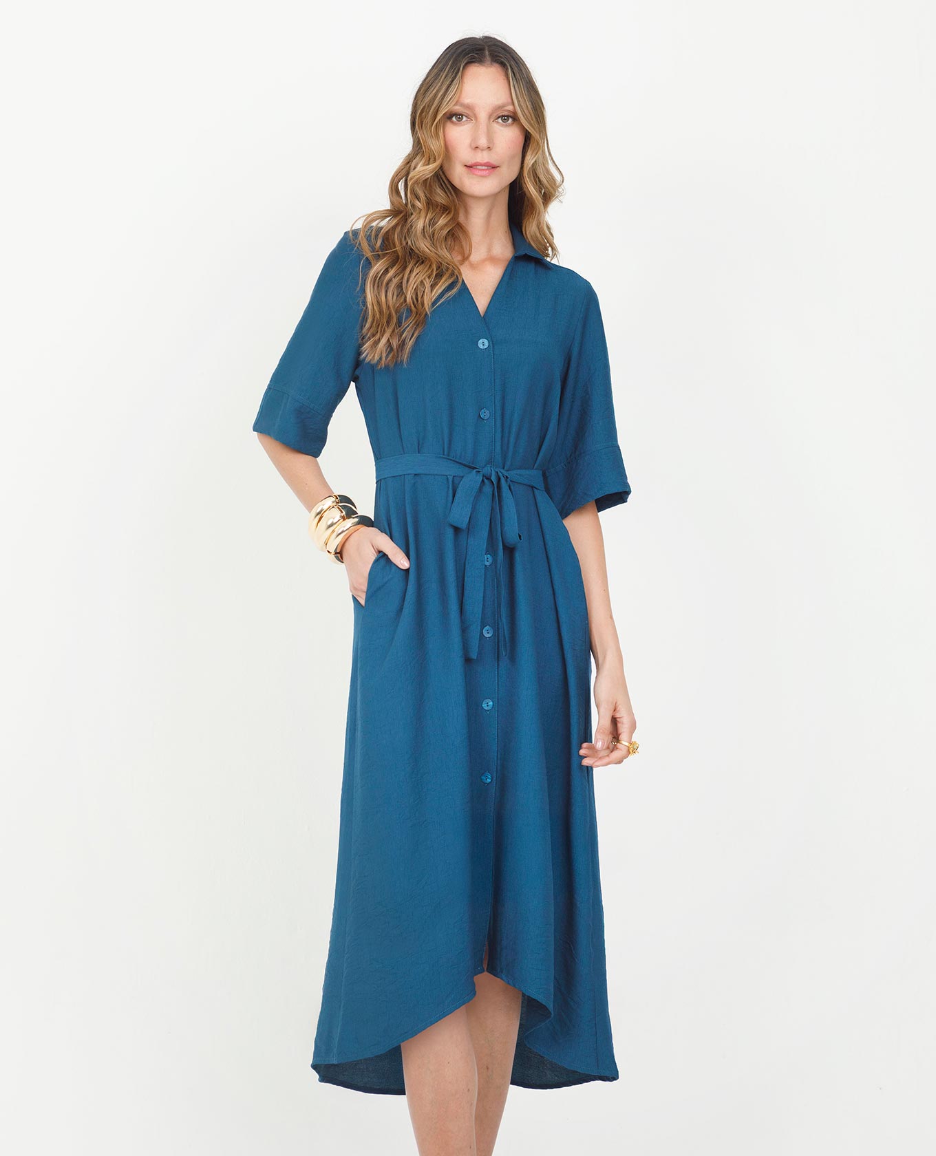 VESTIDO CAMISERO PARA MUJER MANGA CORTA CON RUEDO ASIMÉTRICO Y CINTURÓN Adrissa | Ropa para mujer