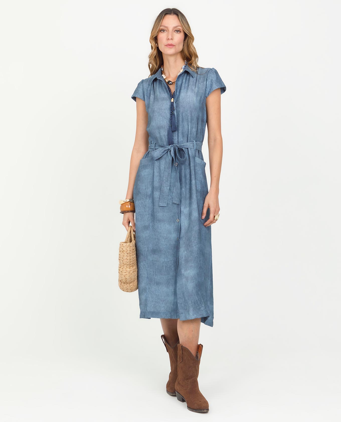 VESTIDO ESTAMPADO PARA MUJER MANGA CORTA CON BOLSILLOS FRONTALES Y CINTURON MIDI Adrissa | Ropa para mujer Vestidos