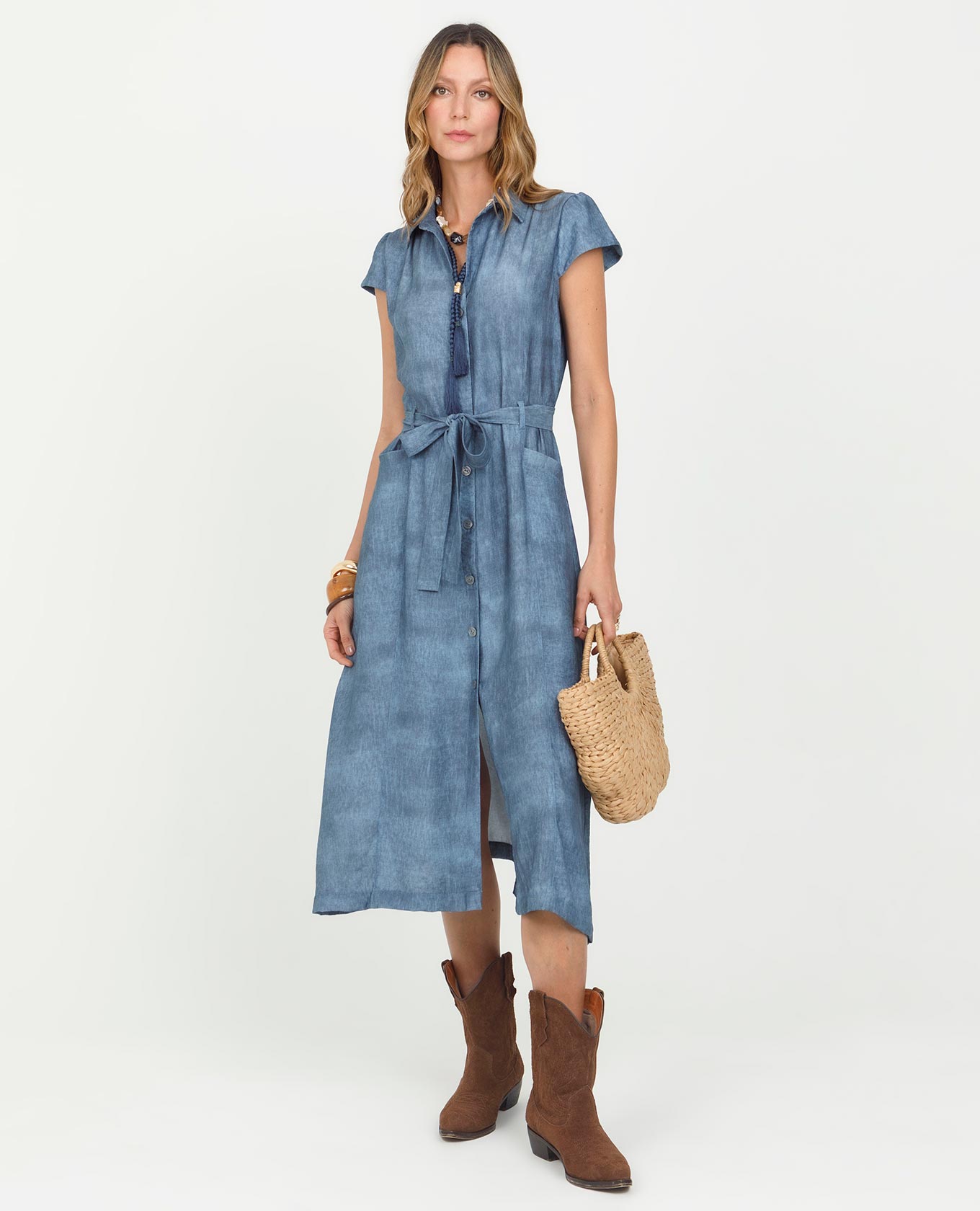 VESTIDO ESTAMPADO PARA MUJER MANGA CORTA CON BOLSILLOS FRONTALES Y CINTURON MIDI Adrissa | Ropa para mujer Vestidos