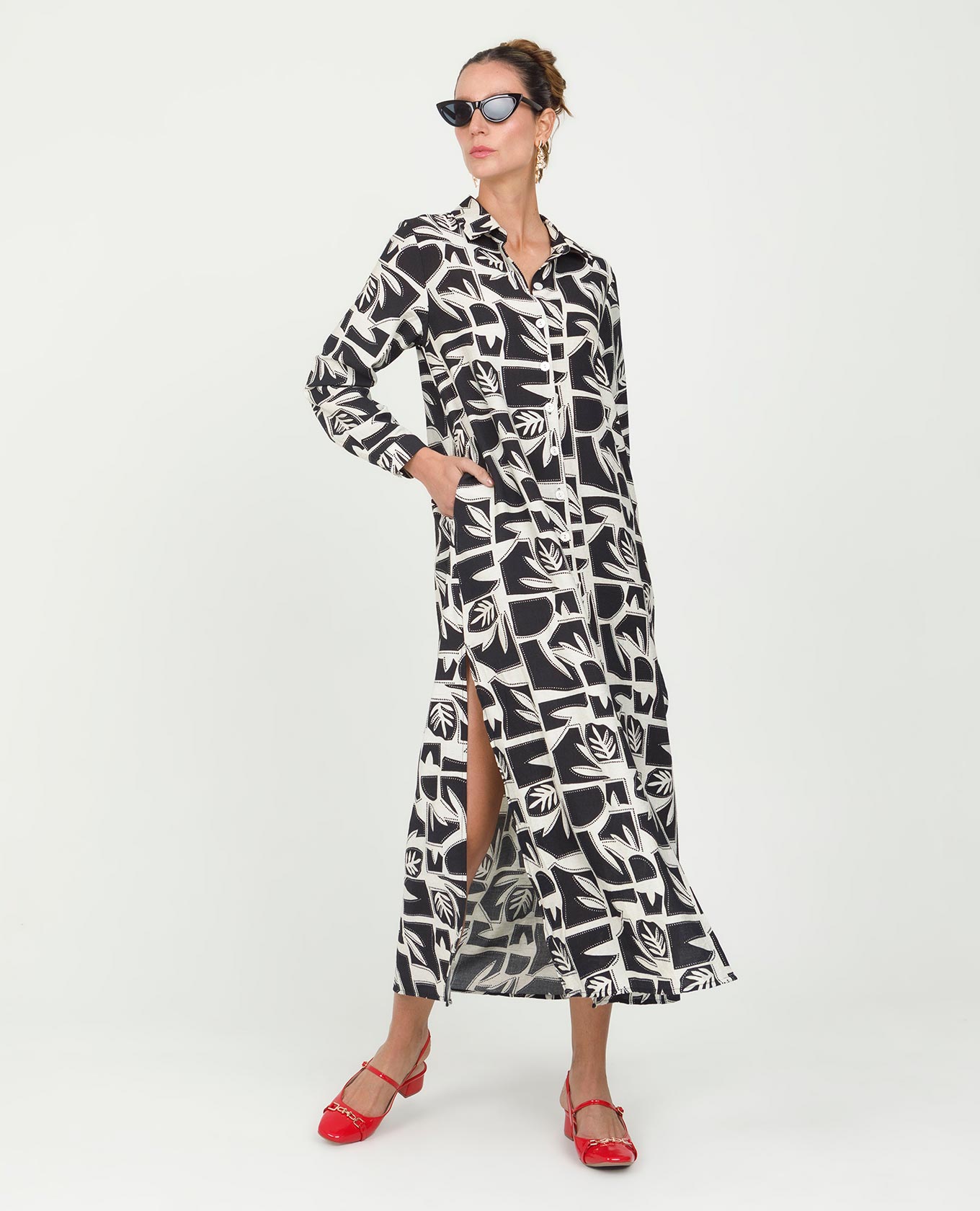 VESTIDO LARGO PARA MUJER CAMISERO ESTAMPADO BICOLOR MANGA LARGA Adrissa | Ropa para mujer Vestidos