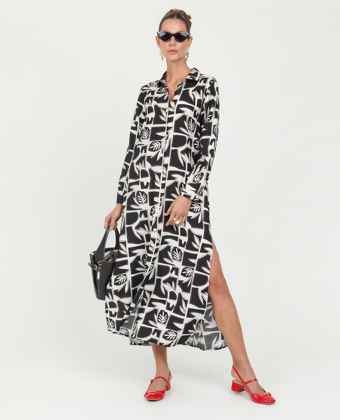 VESTIDO LARGO PARA MUJER CAMISERO ESTAMPADO BICOLOR MANGA LARGA Adrissa | Ropa para mujer Vestidos