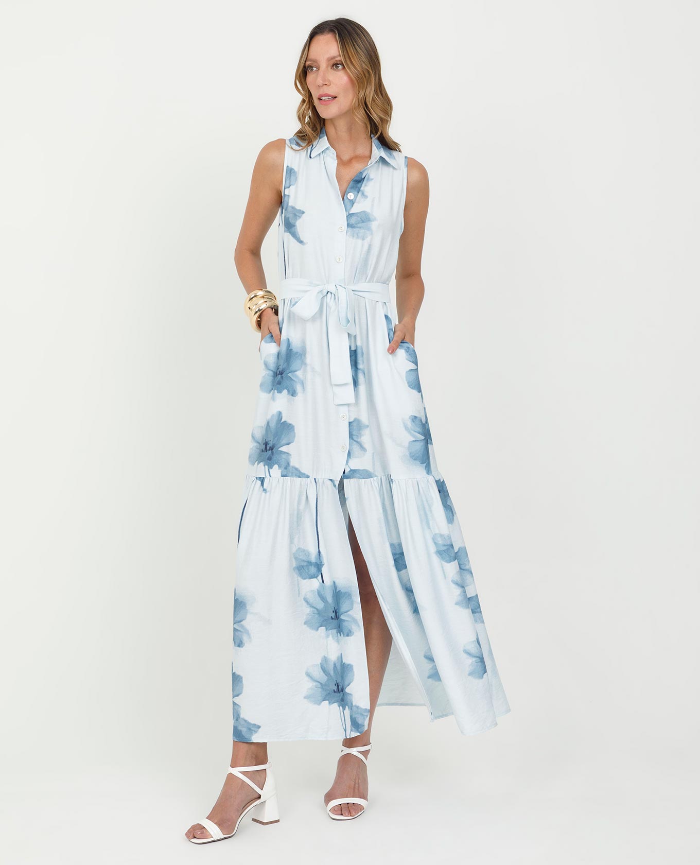 VESTIDO LARGO PARA MUJER ESTAMPADO MANGA SISA CON BOLERO Y CINTURÓN Adrissa | Ropa para mujer Vestidos