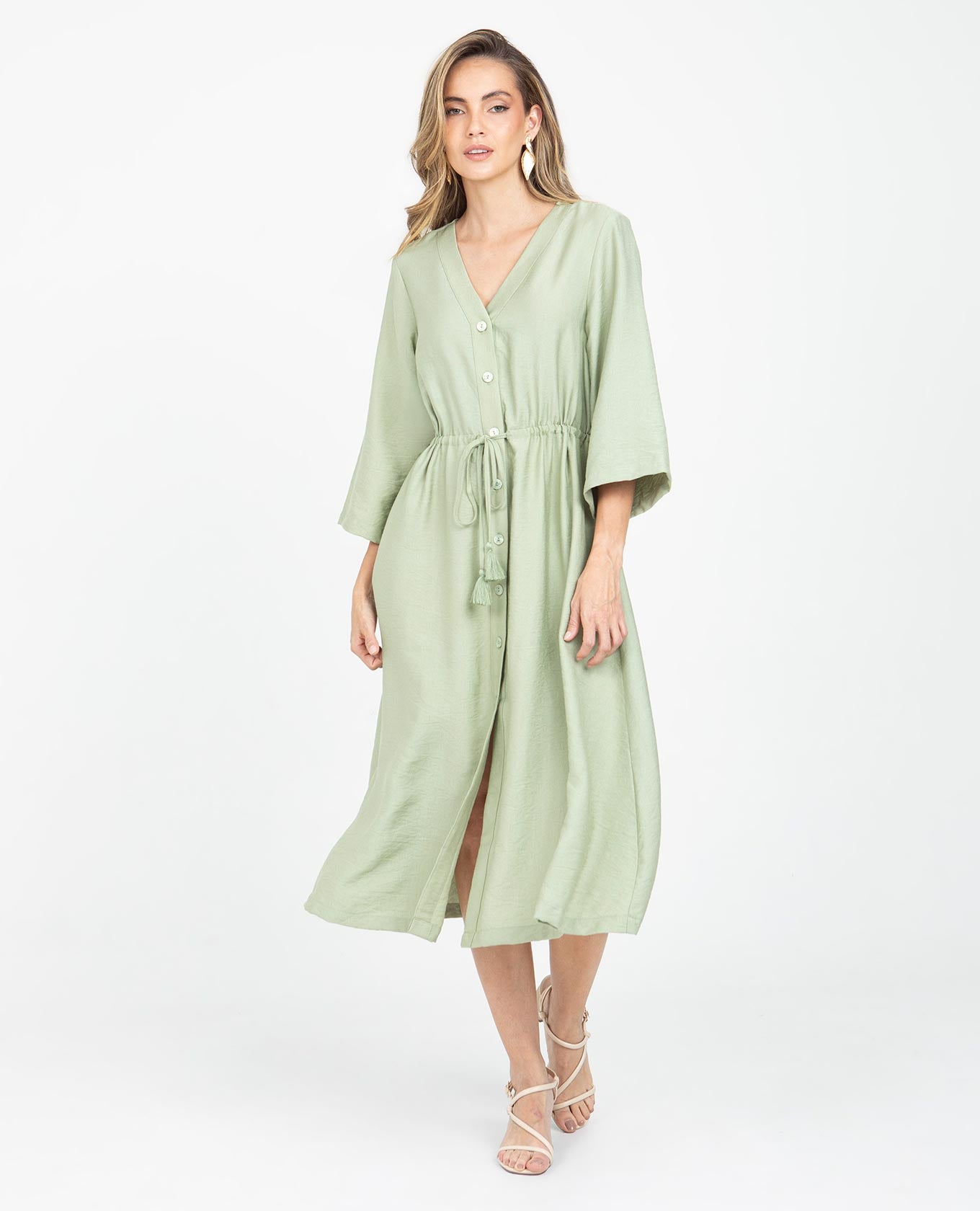 VESTIDO MIDI PARA MUJER ESCOTE V CINTURA CON CANAL PARA AJUSTAR MANGA 3/4 Adrissa | Ropa para mujer Vestidos