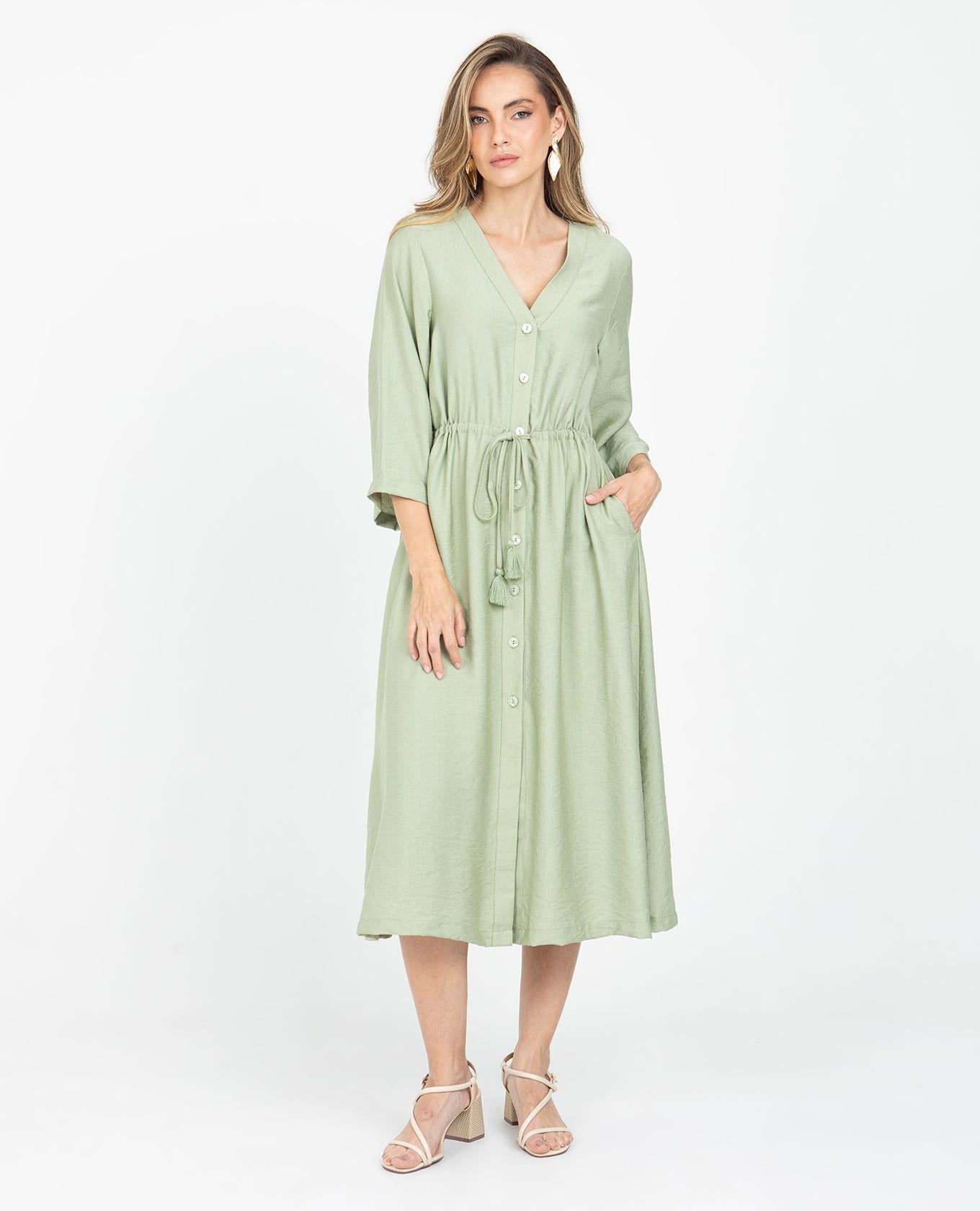VESTIDO MIDI PARA MUJER ESCOTE V CINTURA CON CANAL PARA AJUSTAR MANGA 3/4 Adrissa | Ropa para mujer Vestidos