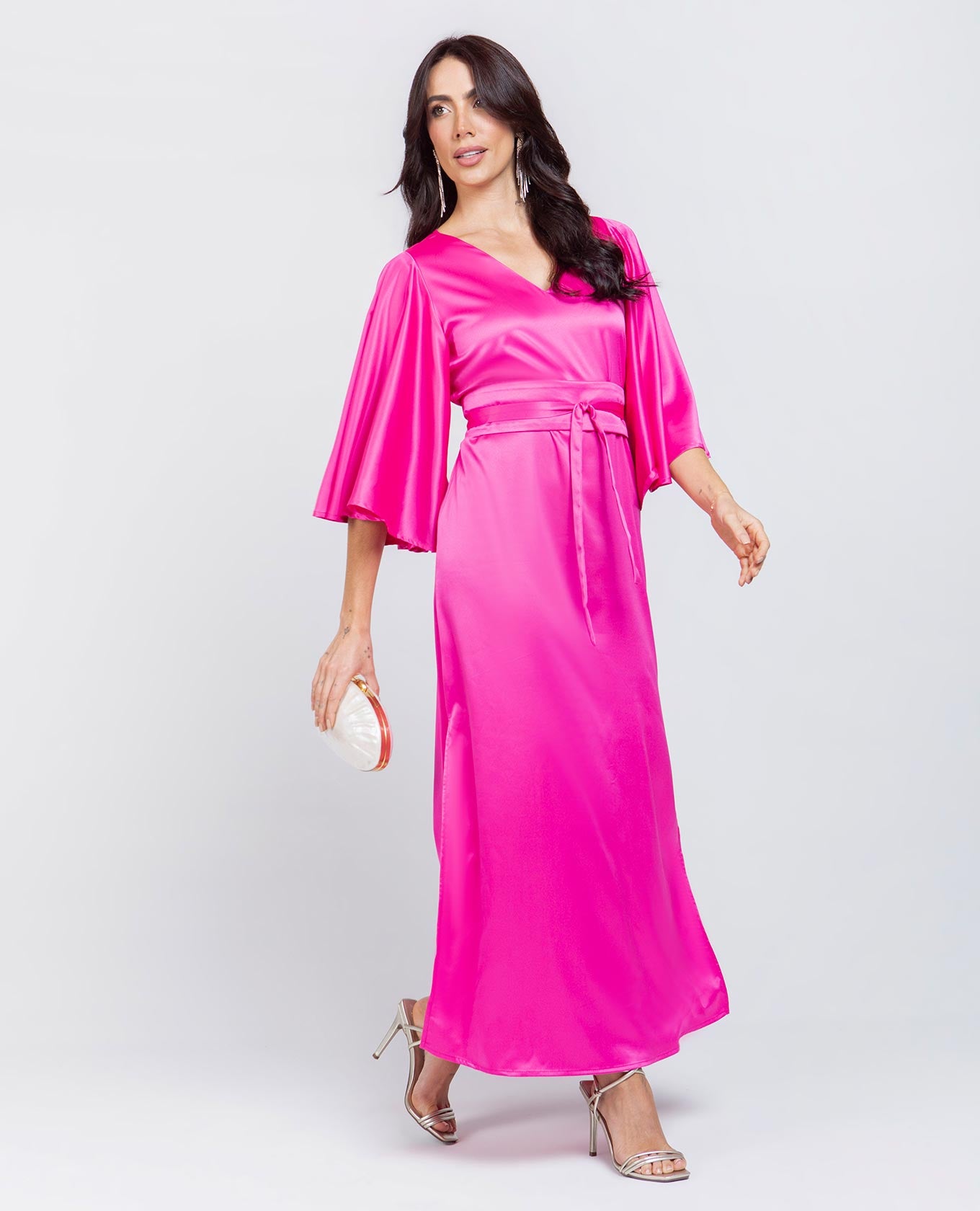 VESTIDO CELEBRACIÓN PARA MUJER ESCOTE V MANGA CON VUELO Y CINTURÓN OBI Adrissa | Ropa para mujer Vestidos