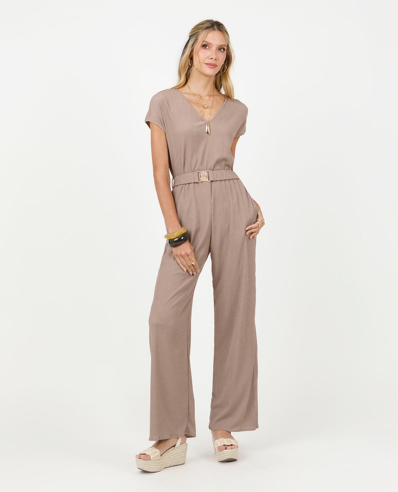 ENTERIZO LARGO PARA MUJER ESCOTE V MANGA RODADA CON CINTURON TELA CON EFECTO Adrissa | Ropa para mujer