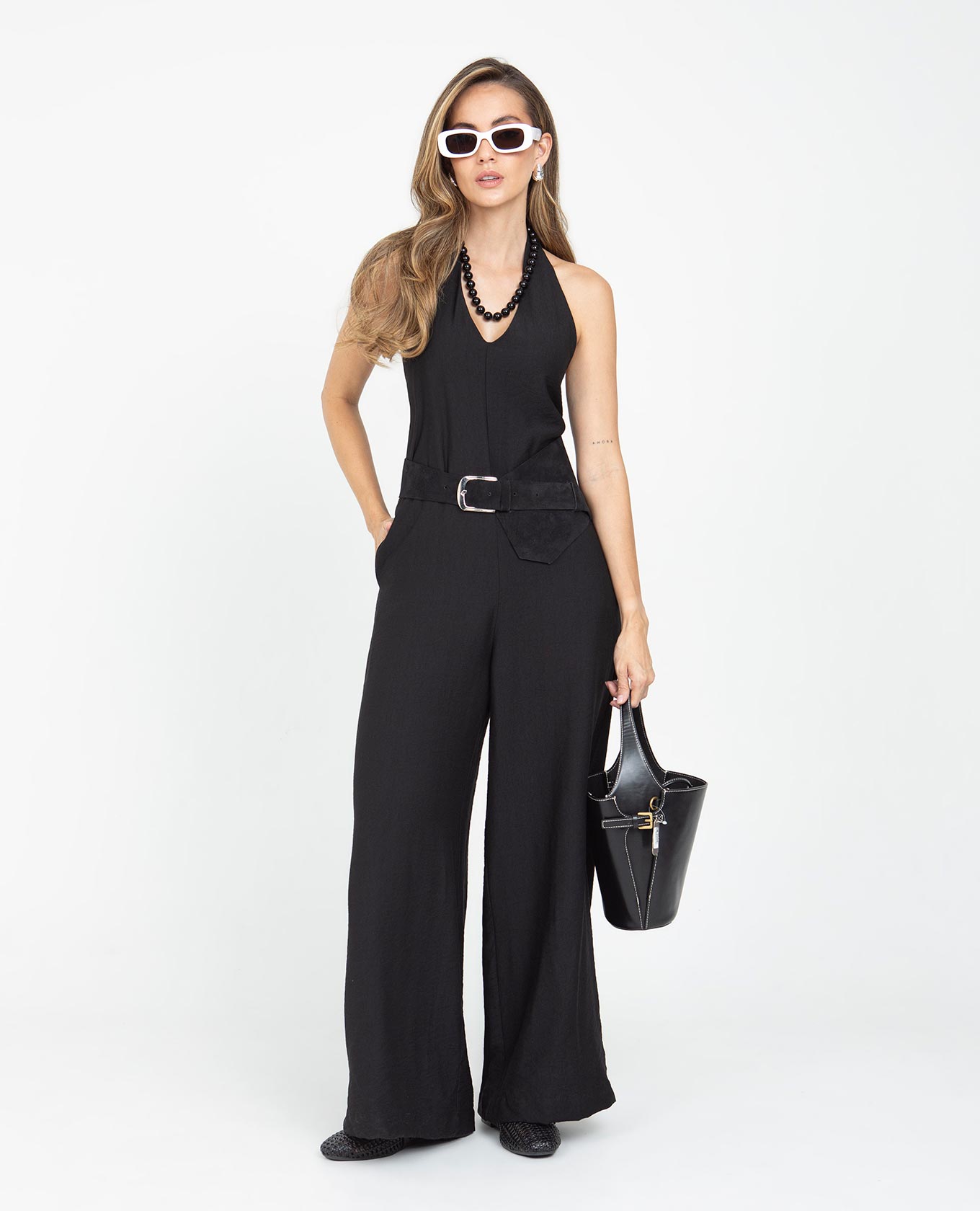 ENTERIZO NEGRO PARA MUJER ESCOTE V ESPALDA DESCUBIERTA CON ELASTICO Adrissa | Ropa para mujer