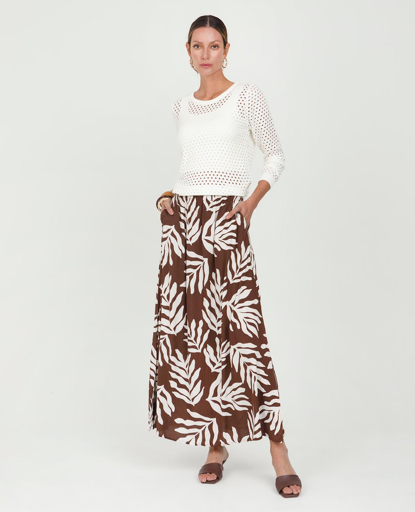 FALDA LARGA PARA MUJER ESTAMPADA CON ELÁSTICO CINTURA Y ABERTURAS COSTADOS Adrissa | Ropa para mujer Faldas