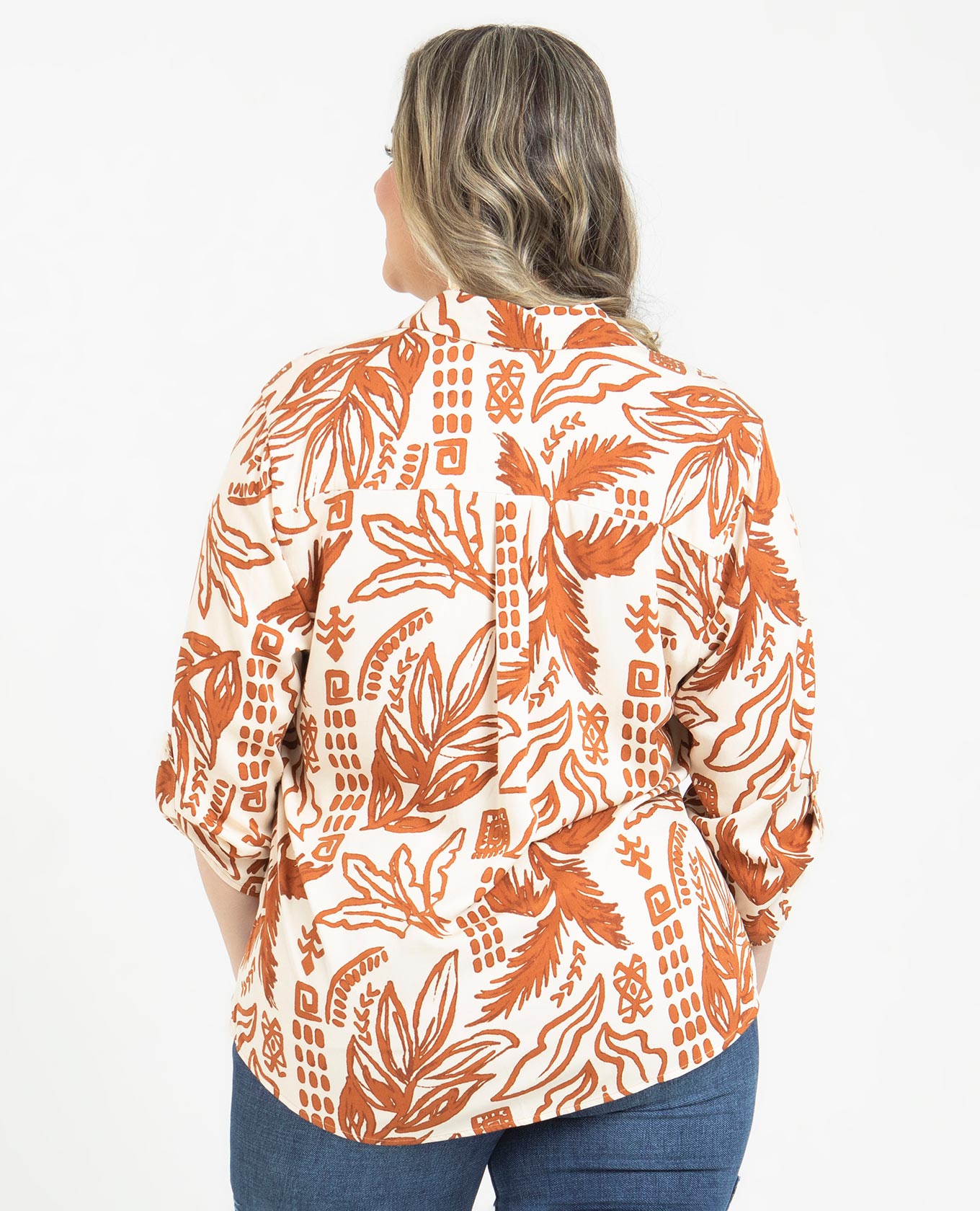 BLUSA ESTAMPADA TALLAS GRANDES CUELLO CAMISERO MANGA 3/4 CON CHARRETERA Adrissa | Ropa para mujer Blusas