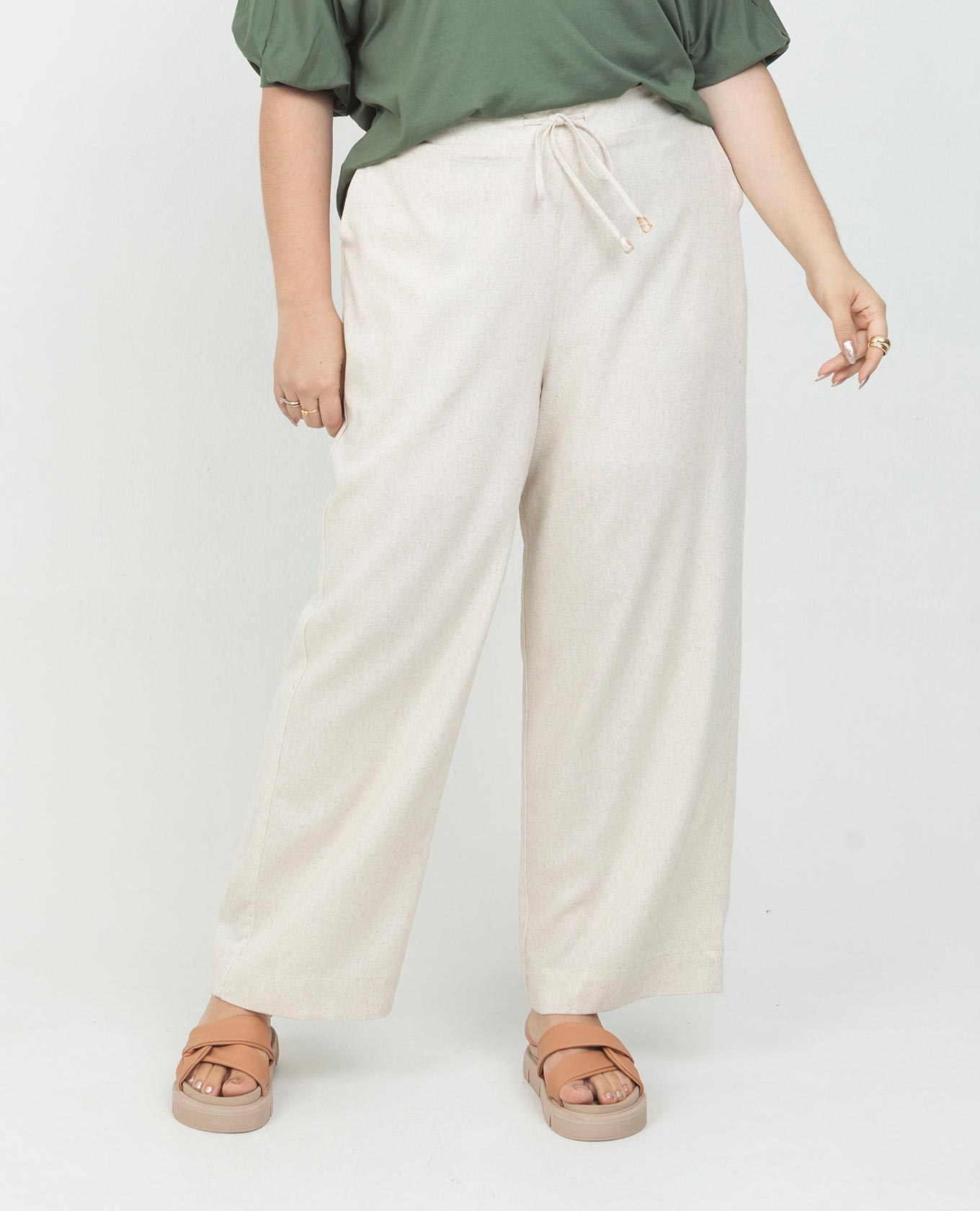 PANTALÓN REGULAR TALLAS GRANDES TELA CON MEZCLA DE LINO ELÁSTICO EN CINTURA Adrissa