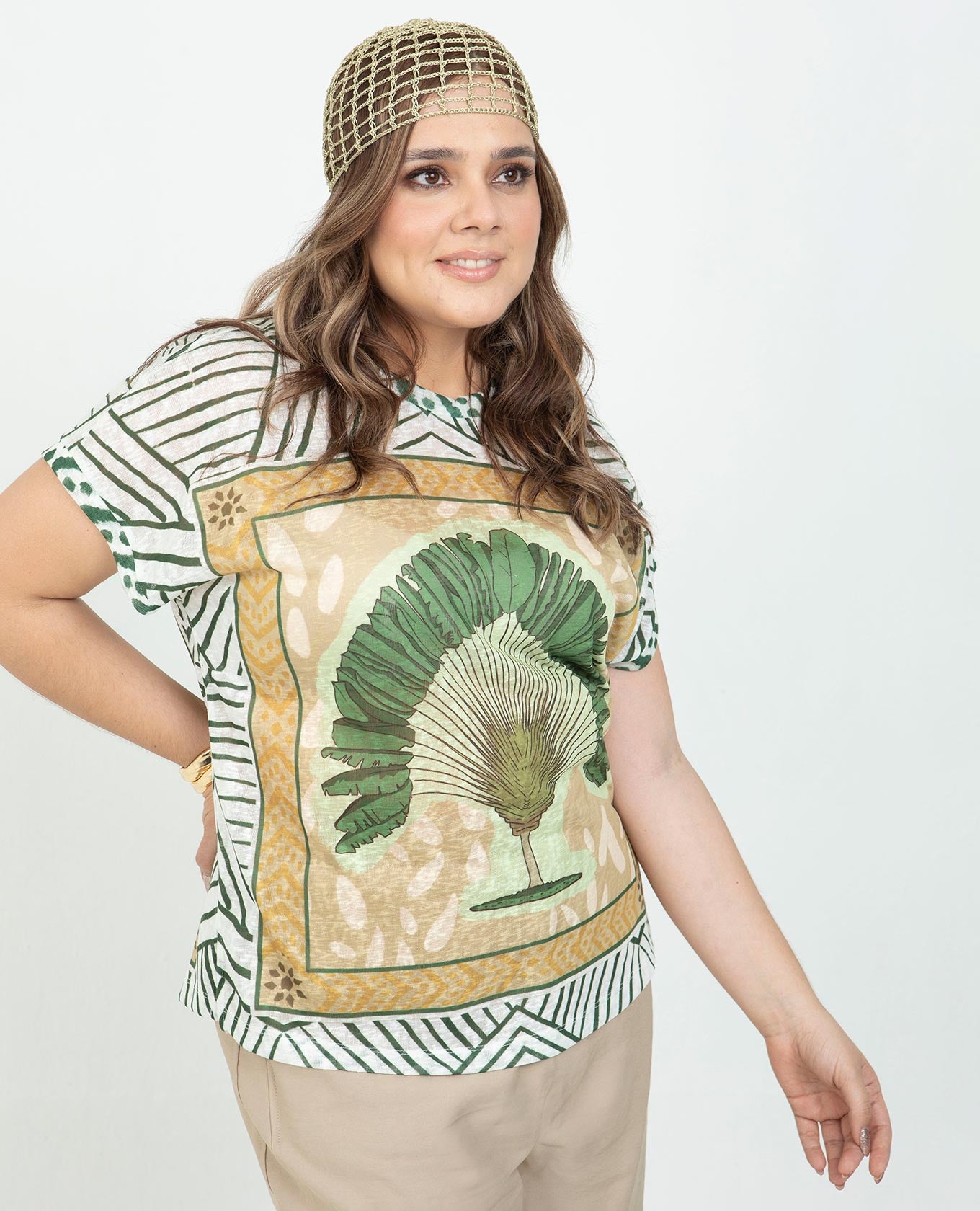 CAMISETA PALMERA TALLAS GRANDES MANGA RODADA TELA CON EFECTO JASPE Adrissa