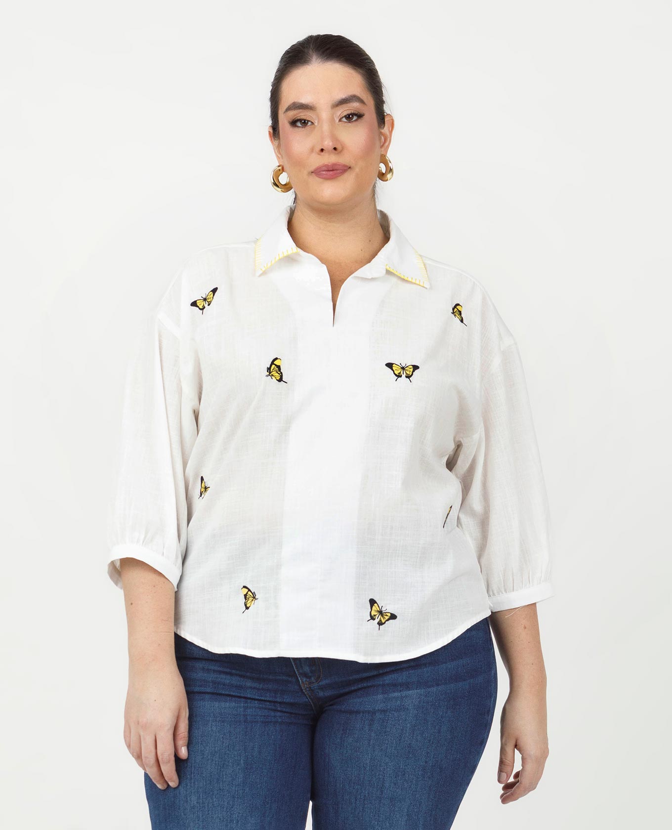 CAMISA MANGA 3/4 TALLAS GRANDES CON MARIPOSAS AMARILLAS BORDADAS EN FRENTES Adrissa | Ropa para mujer Blusas